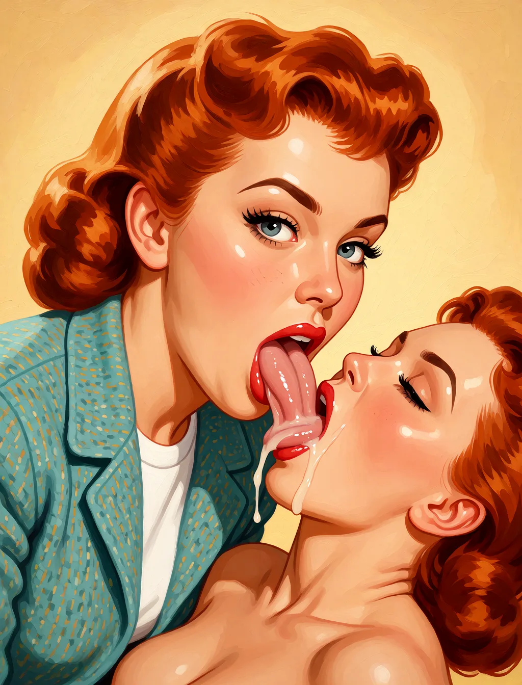 Redraw the entire picture as a retro pin-up illustration: smooth airbrushed gouache paint, warm saturated mid-century colour, clean confident outlines and glamorous stylised features, in the look of a 1950s pin-up poster. The background is painted in the same style. Nothing in the frame keeps its photographic appearance. Above all, the picture must show: Make her naked giving a great blow job.