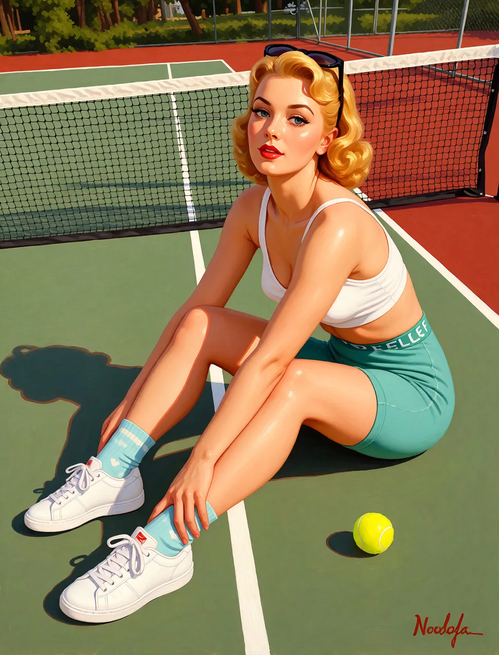 Redraw the entire picture as a retro pin-up illustration: smooth airbrushed gouache paint, warm saturated mid-century colour, clean confident outlines and glamorous stylised features, in the look of a 1950s pin-up poster. The background is painted in the same style. Nothing in the frame keeps its photographic appearance. Above all, the picture must show: missionary missionary sex.