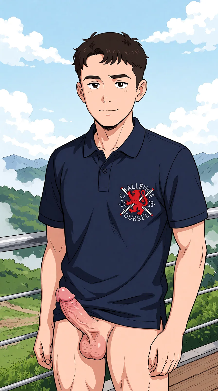 Redraw the entire picture as a hand-drawn anime illustration in flat cel-shaded anime style. It stays the same person with the same face, the same expression, the same hair and the same skin tone, and every other detail of the photograph is kept exactly as it is: nothing is added, removed, moved, uncovered or recoloured. Only the medium changes, and no part of the picture is left photographic. Above all, the picture must show: muscular_male penis.