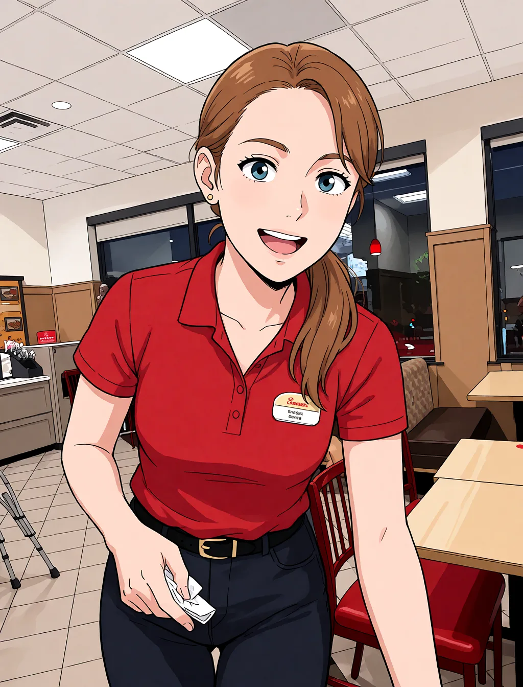 Redraw the entire picture as a hand-drawn anime illustration in flat cel-shaded anime style. It stays the same person with the same face, the same expression, the same hair and the same skin tone, and every other detail of the photograph is kept exactly as it is: nothing is added, removed, moved, uncovered or recoloured. Only the medium changes, and no part of the picture is left photographic. Above all, the picture must show: naked_shirt.