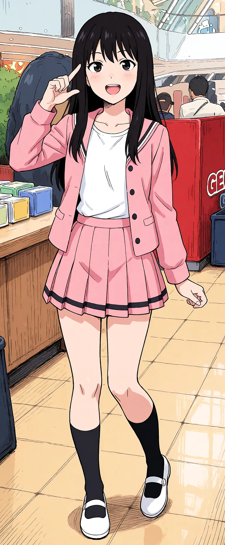 Redraw the entire picture as a hand-drawn anime illustration in flat cel-shaded anime style. It stays the same person with the same face, the same expression, the same hair and the same skin tone, and every other detail of the photograph is kept exactly as it is: nothing is added, removed, moved, uncovered or recoloured. Only the medium changes, and no part of the picture is left photographic. Above all, the picture must show: naked_shirt.