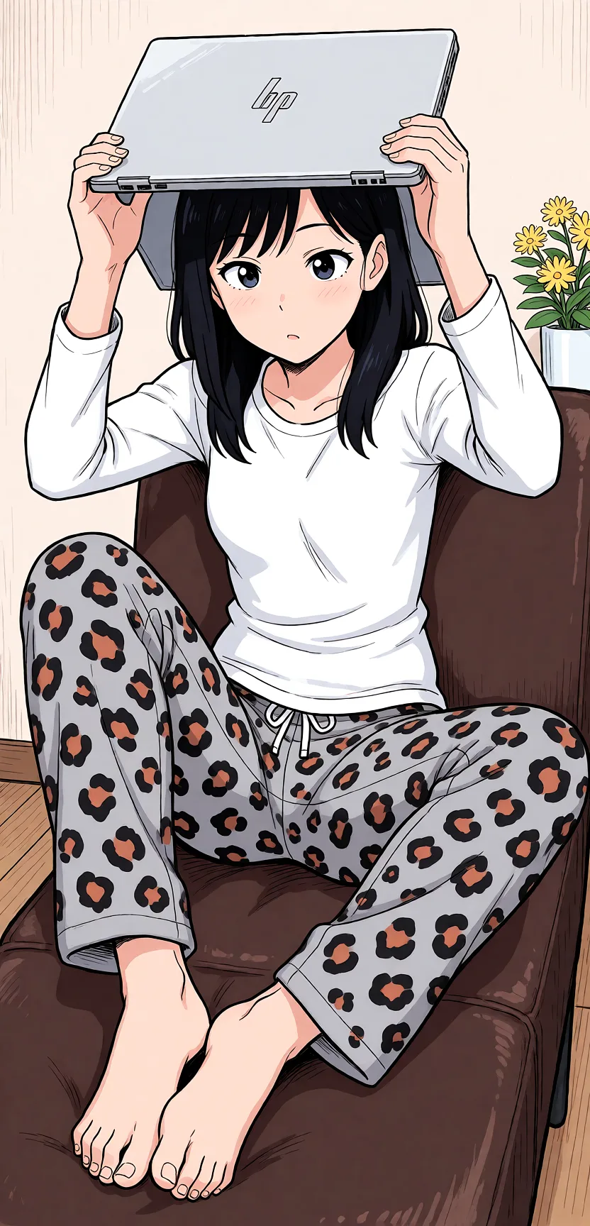 Redraw the entire picture as a hand-drawn anime illustration in flat cel-shaded anime style. It stays the same person with the same face, the same expression, the same hair and the same skin tone, and every other detail of the photograph is kept exactly as it is: nothing is added, removed, moved, uncovered or recoloured. Only the medium changes, and no part of the picture is left photographic. Above all, the picture must show: naked_shirt.