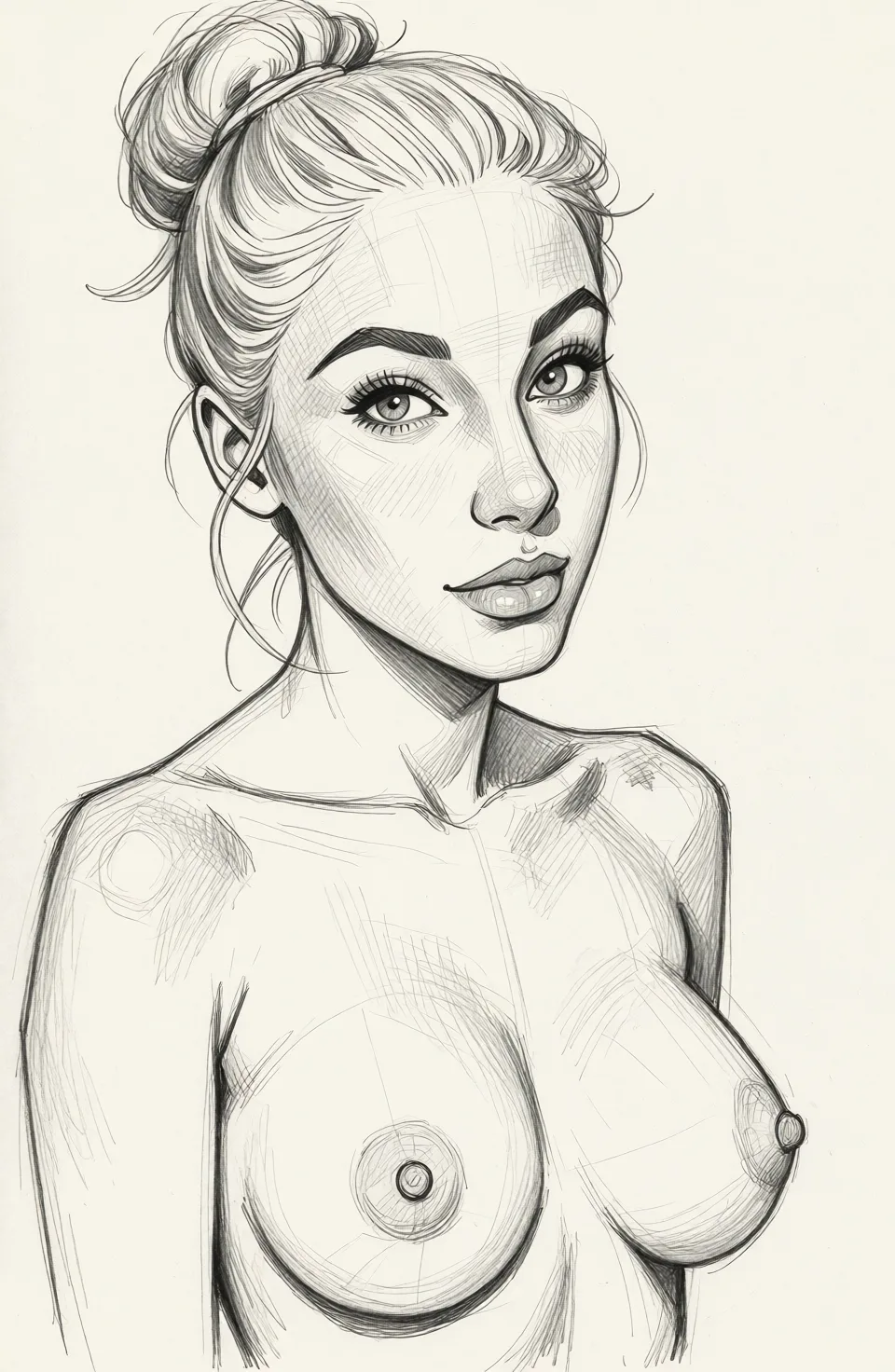 Redraw the entire picture as a hand-drawn graphite sketch on off-white paper: visible pencil strokes, cross-hatched shading, loose construction lines and no colour beyond the grey of the pencil and the tone of the paper. The background is drawn in the same style. Nothing in the frame keeps its photographic appearance. Above all, the picture must show: white background.
Tits.