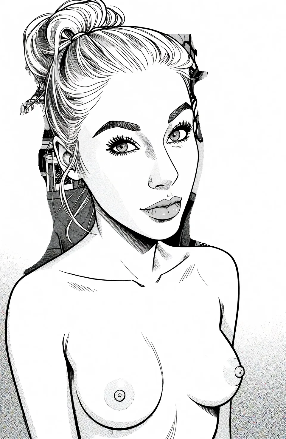 Redraw the entire picture as a black and white manga page: crisp black ink line art, no colour anywhere, flat halftone screentone shading, hatched shadows and clean white highlights, in the look of a printed manga panel. The background is drawn in the same style. Nothing in the frame keeps its photographic appearance. Above all, the picture must show: white background.
small tits.