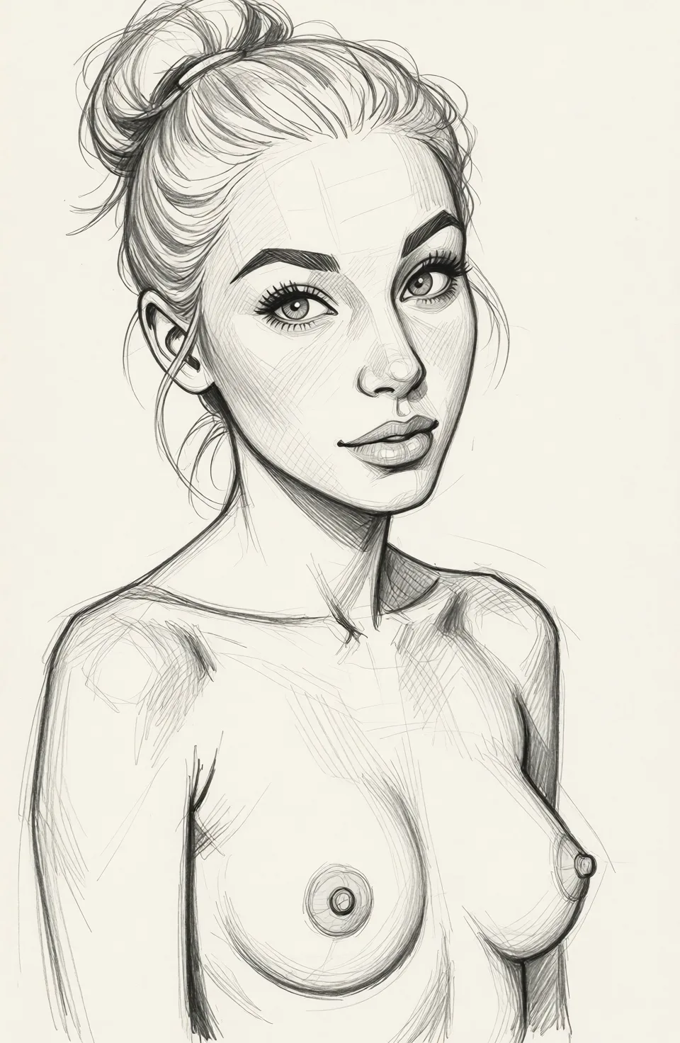 Redraw the entire picture as a hand-drawn graphite sketch on off-white paper: visible pencil strokes, cross-hatched shading, loose construction lines and no colour beyond the grey of the pencil and the tone of the paper. The background is drawn in the same style. Nothing in the frame keeps its photographic appearance. Above all, the picture must show: make her naked.
white background.
