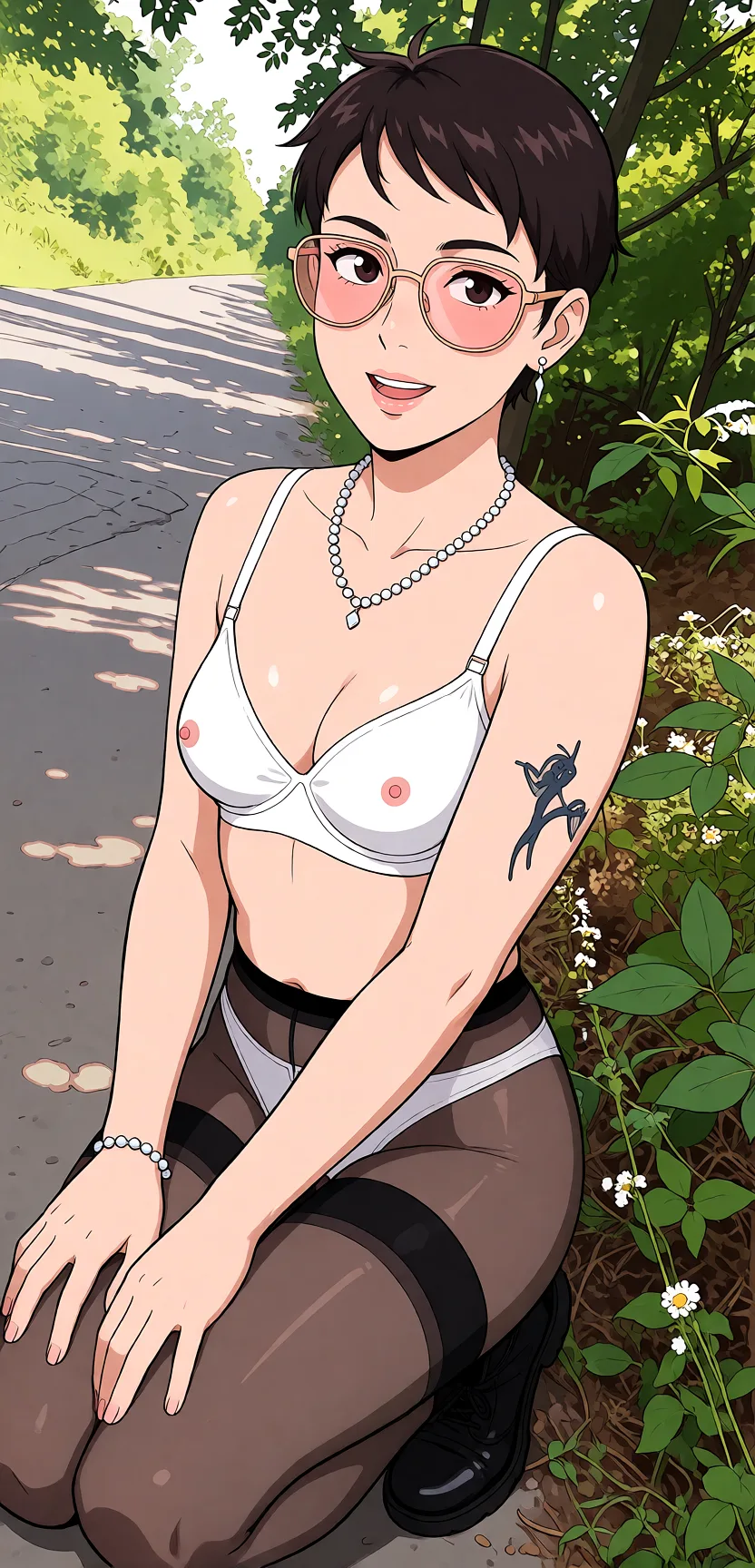 Redraw the entire picture as a hand-drawn anime illustration in flat cel-shaded anime style. It stays the same person with the same face, the same expression, the same hair and the same skin tone, and every other detail of the photograph is kept exactly as it is: nothing is added, removed, moved, uncovered or recoloured. Only the medium changes, and no part of the picture is left photographic. Above all, the picture must show: white_pantyhose lingerie.