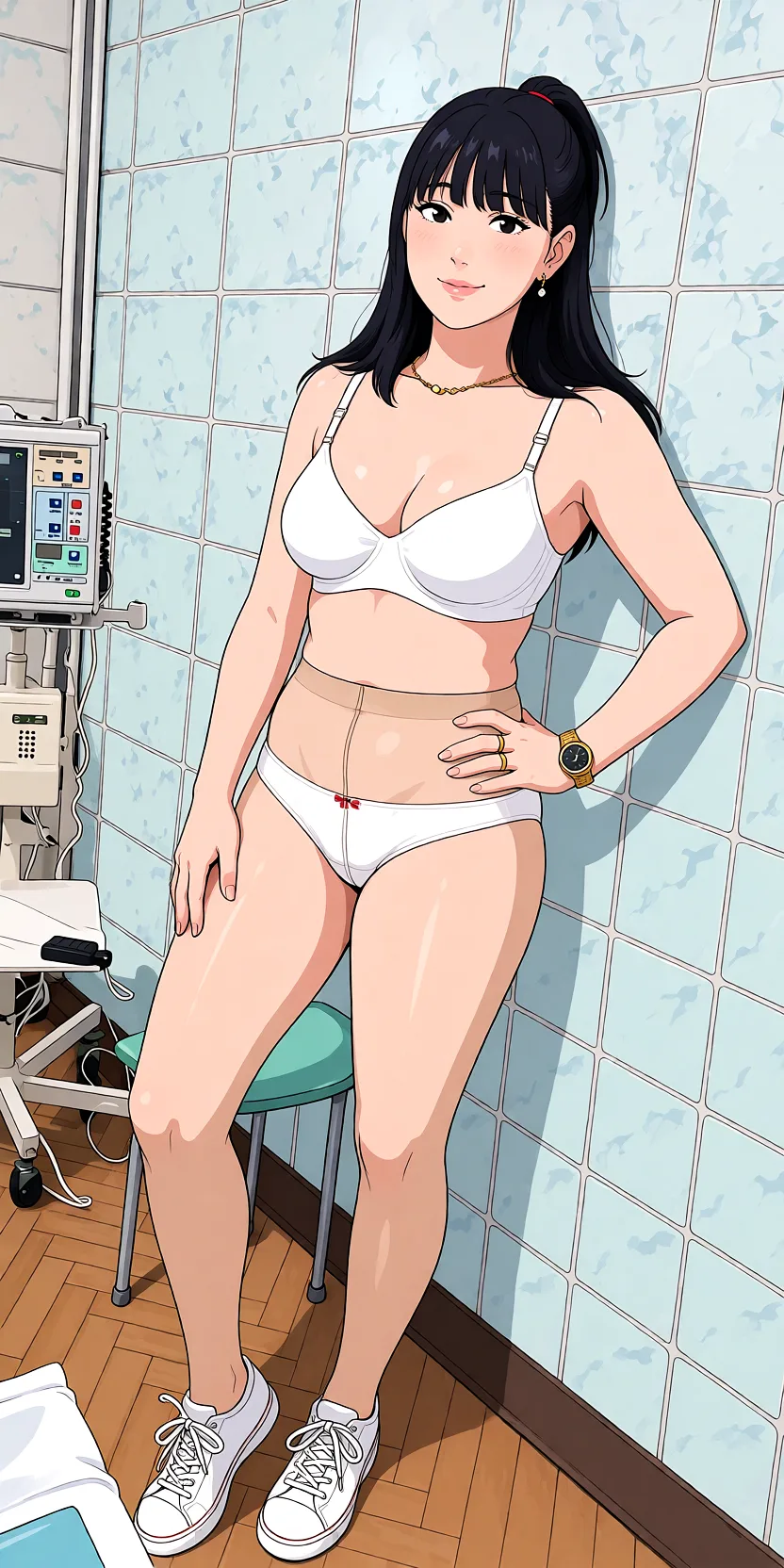 Redraw the entire picture as a hand-drawn anime illustration in flat cel-shaded anime style. It stays the same person with the same face, the same expression, the same hair and the same skin tone, and every other detail of the photograph is kept exactly as it is: nothing is added, removed, moved, uncovered or recoloured. Only the medium changes, and no part of the picture is left photographic. Above all, the picture must show: white_pantyhose lingerie.