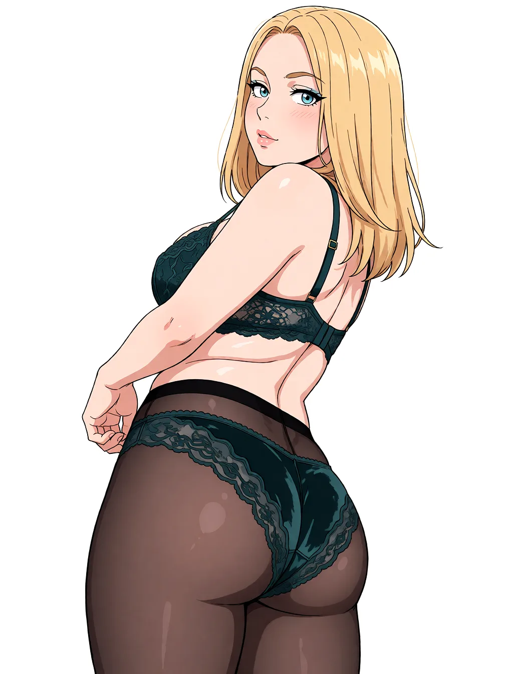Redraw the entire picture as a hand-drawn anime illustration in flat cel-shaded anime style. It stays the same person with the same face, the same expression, the same hair and the same skin tone, and every other detail of the photograph is kept exactly as it is: nothing is added, removed, moved, uncovered or recoloured. Only the medium changes, and no part of the picture is left photographic. Above all, the picture must show: black_pantyhose.