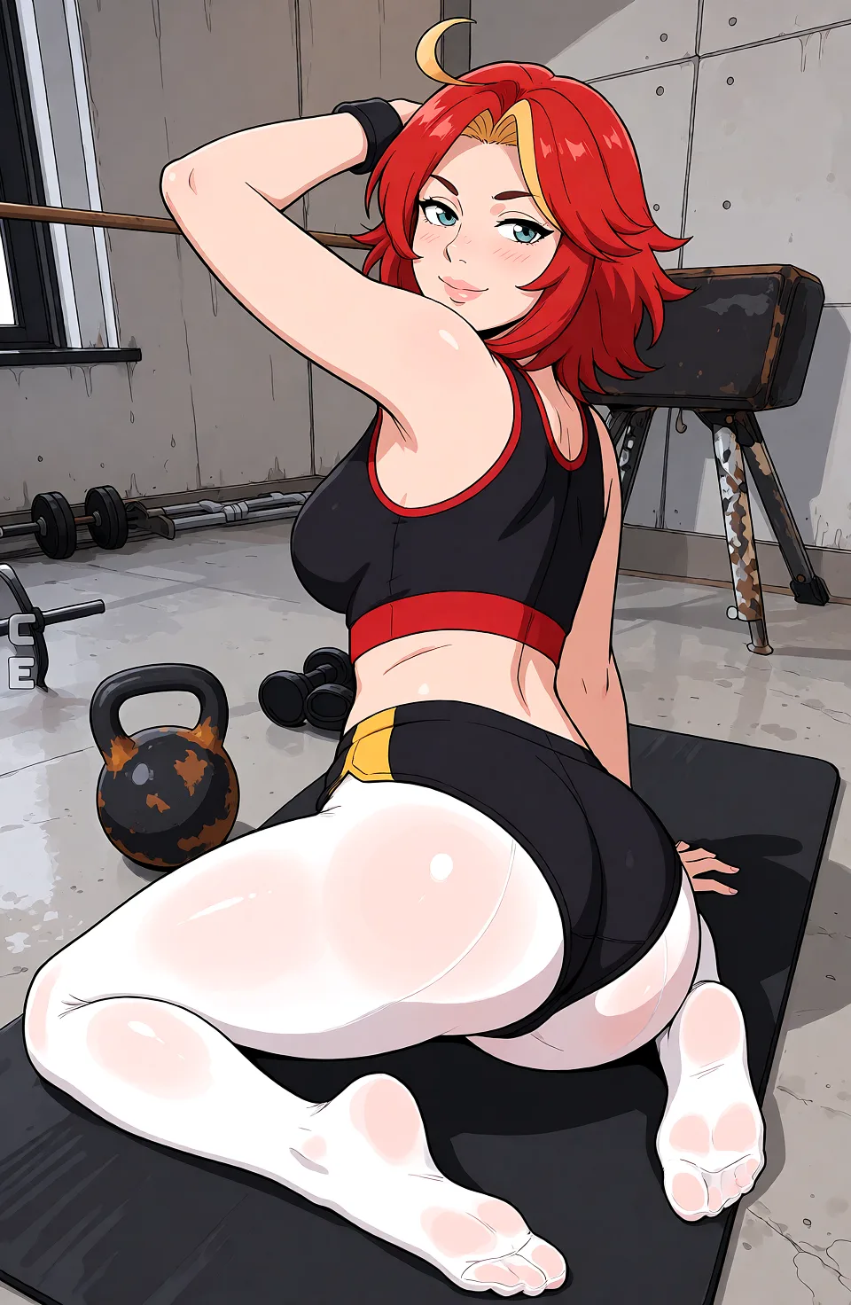 Redraw the entire picture as a hand-drawn anime illustration in flat cel-shaded anime style. It stays the same person with the same face, the same expression, the same hair and the same skin tone, and every other detail of the photograph is kept exactly as it is: nothing is added, removed, moved, uncovered or recoloured. Only the medium changes, and no part of the picture is left photographic. Above all, the picture must show: white_pantyhose.