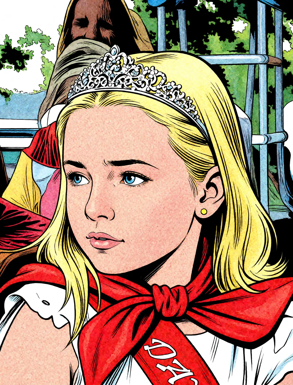Redraw the entire picture as western comic-book art: heavy black inked outlines, hard-edged cel shading, limited high-contrast colour and visible halftone dot texture. The background is drawn in the same style. Nothing in the frame keeps its photographic appearance. Above all, the picture must show: estoy a cuatro patas con enseñando bien el culo para que se vea como un hombre me mete una gran polla en mi ano y yo miro a la camara con cara de satisfaccion.