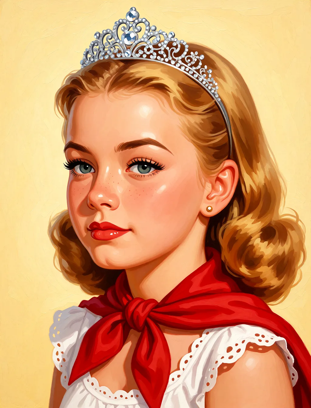Redraw the entire picture as a retro pin-up illustration: smooth airbrushed gouache paint, warm saturated mid-century colour, clean confident outlines and glamorous stylised features, in the look of a 1950s pin-up poster. The background is painted in the same style. Nothing in the frame keeps its photographic appearance. Above all, the picture must show: estoy a cuatro patas con enseñando bien el culo para que se vea como un hombre me mete una gran polla en mi ano y yo miro a la camara con cara de satisfaccion.