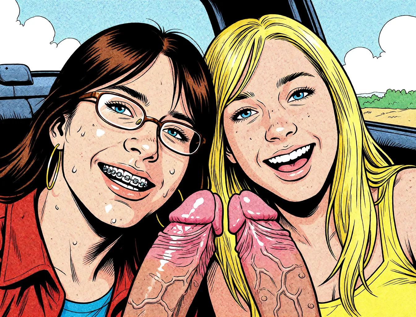 Redraw the entire picture as western comic-book art: heavy black inked outlines, hard-edged cel shading, limited high-contrast colour and visible halftone dot texture. The background is drawn in the same style. Nothing in the frame keeps its photographic appearance. Above all, the picture must show: sitting spread_legs absurdly_long_hair.