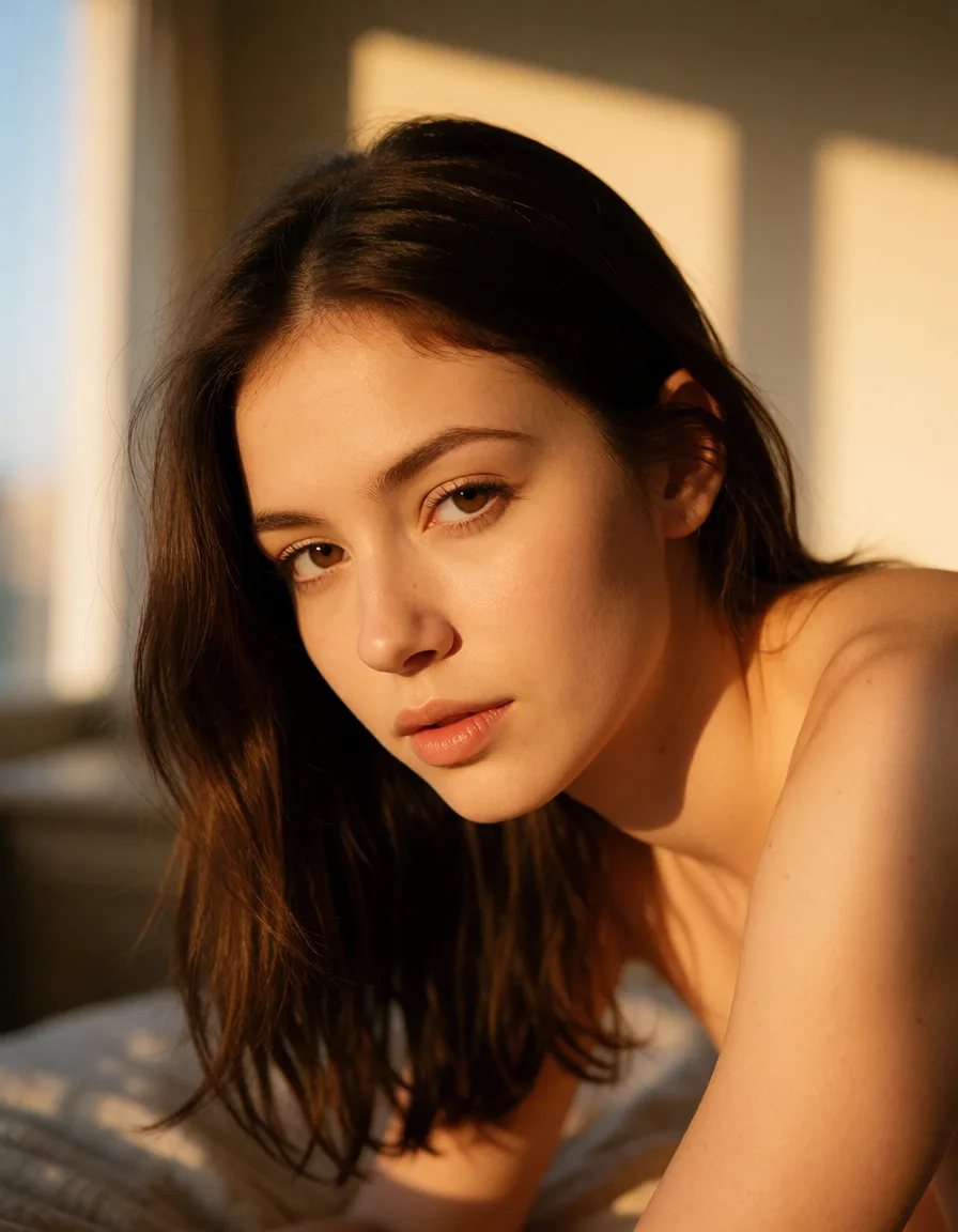 a photograph, office_lady doggystyle, warm golden afternoon daylight, soft natural shadows, warm amber tones, gentle contrast, fine film grain, smooth clear skin, strikingly beautiful, radiant complexion, early twenties