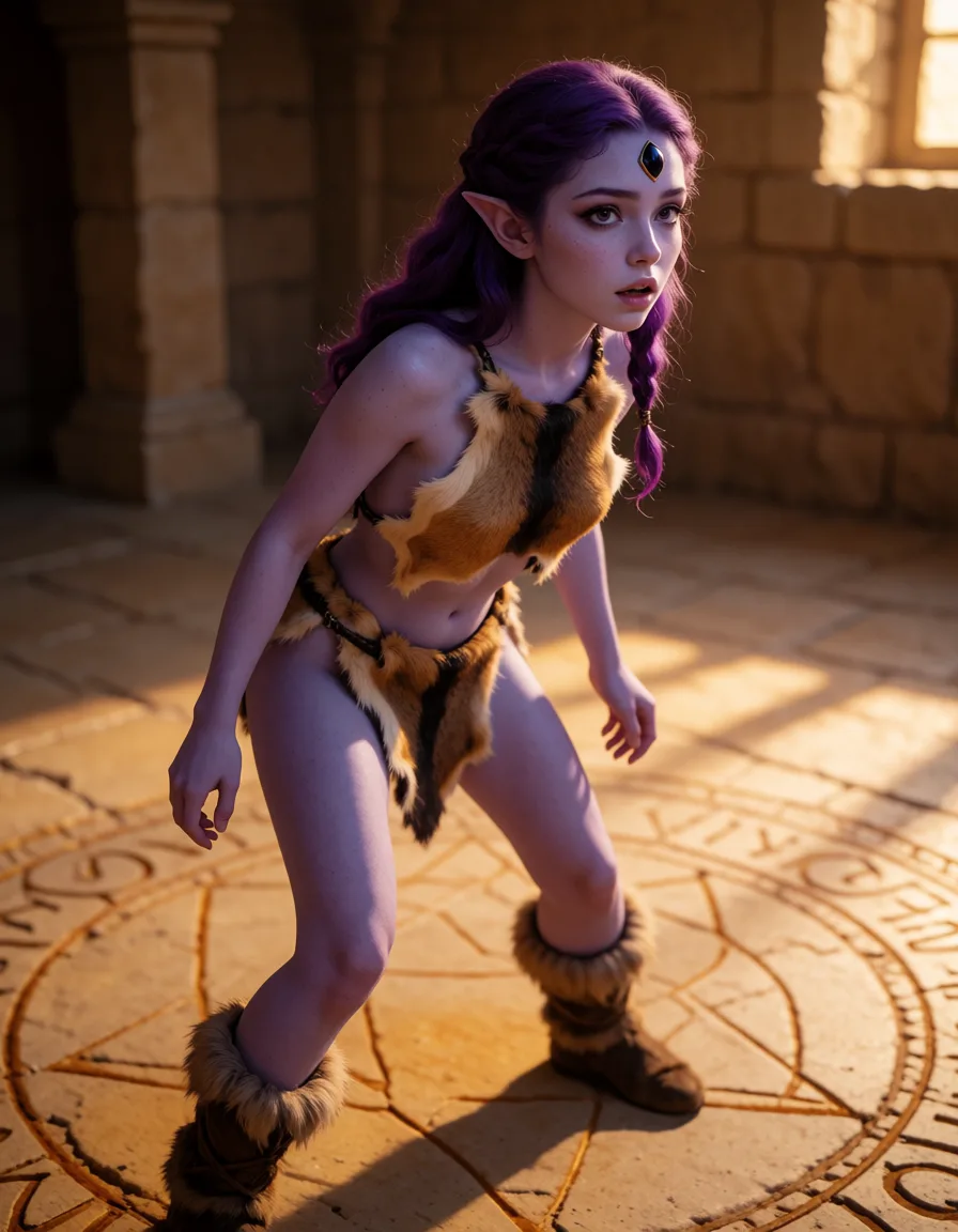 a photograph, une démone cheveux violets et peau violet très claire. Une petite pierre noire brillante incrustée sur son front. Elle est vetue de peaux de betes. Elle est un peu accroupie et les jambes écartées. Elle porte des bottes de fourrures. On voit, sur l'image, la démone entièrement des pieds à la tete. Elle est dans une salle de pierre avec un cercle d'invocation au sol. On la voit de 3/4 de face. Elle regarde vers la droite de l'image. On la voit d'un peu loin sur l'image. Elle a une expression surprise., warm golden afternoon daylight, soft natural shadows, warm amber tones, gentle contrast, fine film grain, smooth clear skin, strikingly beautiful, radiant complexion, early twenties