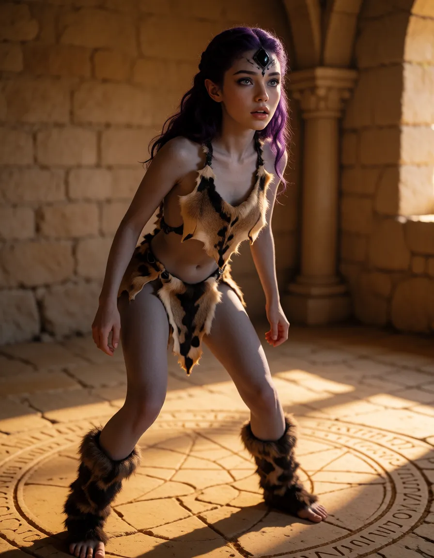 a photograph, une démone cheveux violets et peau grise claire. Une petite pierre noire brillante incrustée sur son front. Elle est vetue de peaux de betes. Elle est un peu accroupie et les jambes écartées. Elle porte des bottes de fourrures. On voit, sur l'image, la démone entièrement des pieds à la tete. Elle est dans une salle de pierre avec un cercle d'invocation au sol. On la voit de 3/4 de face. Elle regarde vers la droite de l'image. On la voit au fond de la salle sans fenetre. Elle a une expression surprise., warm golden afternoon daylight, soft natural shadows, warm amber tones, gentle contrast, fine film grain, smooth clear skin, strikingly beautiful, radiant complexion, early twenties