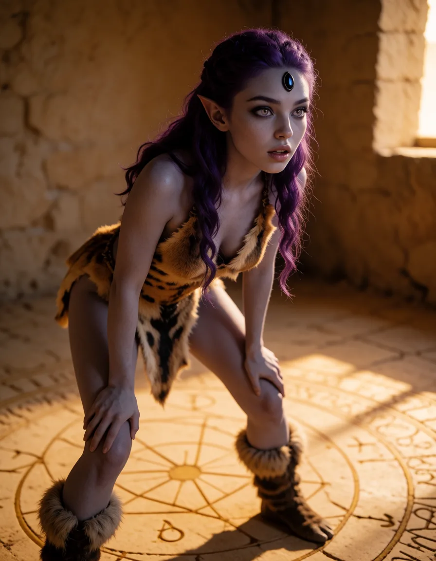 a photograph, une démone cheveux violets et peau grise claire. Ses pupilles sont une fente comme un chat. Une petite agate noire brillante incrustée sur son front. Elle est vetue de peaux de betes. Elle est un peu accroupie et les jambes écartées. Elle porte des bottes de fourrures. On voit, sur l'image, la démone entièrement des pieds à la tete. Elle est dans une salle, sans fenetre, de pierre avec un cercle d'invocation au sol. On la voit de 3/4 de face. Elle regarde vers la droite de l'image. Elle se trouve au fond de la salle. Elle a une expression surprise., warm golden afternoon daylight, soft natural shadows, warm amber tones, gentle contrast, fine film grain, smooth clear skin, strikingly beautiful, radiant complexion, early twenties