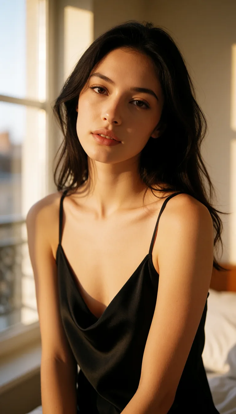 a photograph, a woman with long dark hair in a black silk slip, soft window light, shot on film, warm golden afternoon daylight, soft natural shadows, warm amber tones, gentle contrast, fine film grain, smooth clear skin, strikingly beautiful, radiant complexion, early twenties