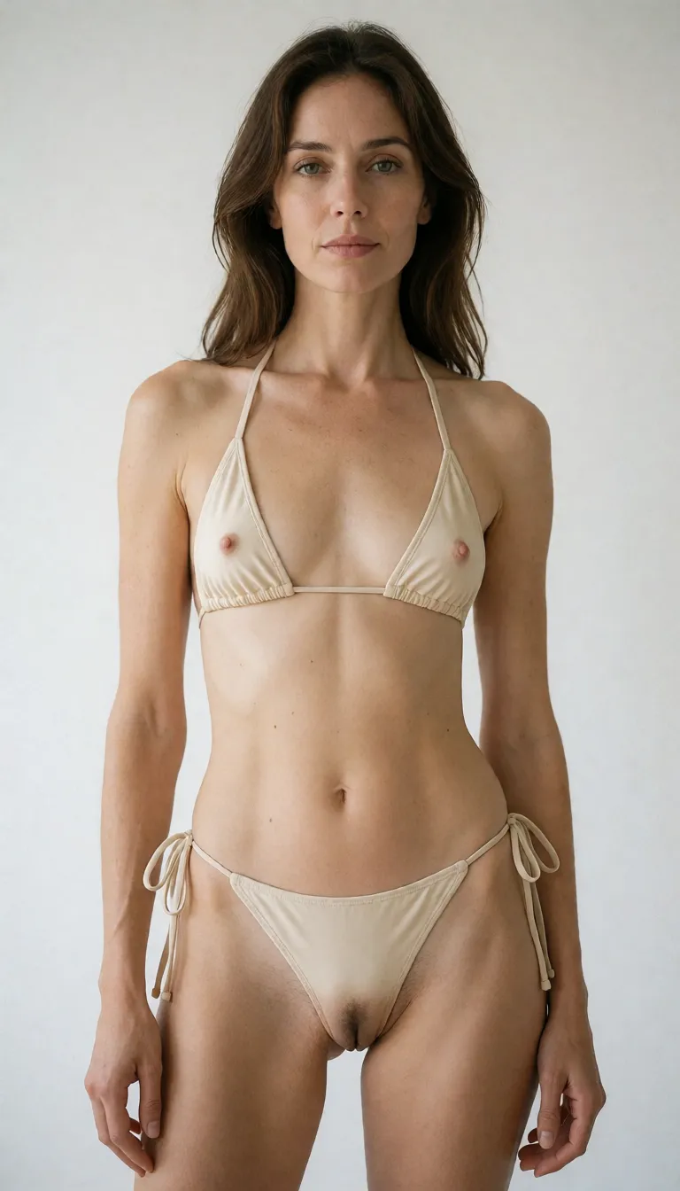 a photograph, skinny mature milf with small boobs, nip slip out of bikini with cameltoe, natural colour, neutral white balance, true to life skin tone, gentle contrast, fine film grain, smooth clear skin, strikingly beautiful, radiant complexion, early twenties