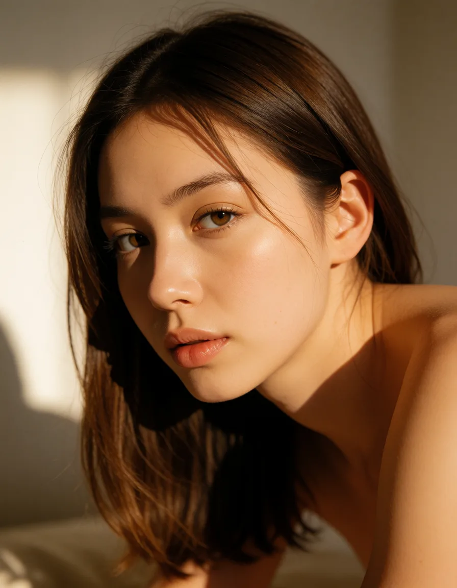 a photograph, highly detailed, natural lighting, office lady, bow, doggy style, natural skin texture, warm golden afternoon daylight, soft natural shadows, warm amber tones, gentle contrast, fine film grain, smooth clear skin, strikingly beautiful, radiant complexion, early twenties