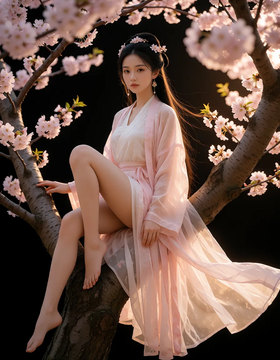 a photograph, 【照片规格】
9:16竖版，全身人物摄影，人物从头部到双脚完整进入画面，不能裁掉头顶、脚部、裙摆或任何主要身体结构。超高分辨率，真实全画幅相机拍摄，电影级真人摄影，真实东方古风女性写真，真实镜头成像，真实光学透视，真实景深，真实空气透视，真实曝光和自然色彩。
画面必须首先像真实摄影师使用专业相机拍摄的真人照片，而不是AI艺术图、CG渲染或插画。
【人物】
一名明确成年的年轻东亚女性，视觉年龄约23–28岁，真实成年女性人体比例。身材高挑纤细，肩颈修长，腰部自然纤细，整体比例优雅，同时拥有成熟、自然、协调的女性曲线。
胸部完全裸露，保持真实成年女性人体解剖结构，尽可能大而合理，肉眼视觉至少达到D杯，自然饱满、具有真实重量感和自然下垂趋势与曲面，与肩宽、胸廓、腰部和整体身材协调，左右存在极轻微自然差异。淡粉色乳晕，微微凸起的粉红乳头，完整清晰可见，无任何遮挡。绝不是夸张的球形或不符合人体结构的放大。
人物必须保持真实身体重心，坐在粗壮樱花树的树杈上，身体重量真实作用于树枝和裙摆。任何出现的身体部位必须完整呈现，不得裁剪。
【脸部与神态】
精致自然的成年东亚女性面容，小巧鹅蛋脸，真实面部骨骼结构，柔和下颌线，细腻但真实的五官。
黑色自然眉毛，眉形柔和。双眼自然明亮，眼睛较大但符合真人比例，具有真实虹膜纹理、角膜反光和眼白细节。睫毛为自然单根睫毛。
人物正面略偏向镜头，头部轻微倾斜，眼睛自然直视镜头。
神态清冷、安静、温柔、略带疏离感，同时有一种被摄影师偶然捕捉到的自然生动感。眉毛放松，眼睑自然，眼神柔和，不是夸张瞪眼。
嘴唇自然粉嫩，唇纹清晰，嘴唇微微闭合或轻微分开，表情含蓄自然。
不要商业广告式夸张笑容，不要僵硬摆拍表情。
【皮肤真实感】
皮肤必须完全按照真实未经美颜、未经磨皮、未经液化、未经塑形的全画幅相机照片表现。
保留真实毛孔、细小皮肤纹理、轻微肤色变化、鼻翼纹理、眼周细节、嘴唇纹理、锁骨细节、手部纹理以及自然皮脂高光。
脸部、颈部、胸前、手臂、腿部和脚部必须具有统一真实的皮肤材质。
皮肤不能呈现塑料、蜡像、玻璃、硅胶或AI生成的过度光滑质感。
允许出现非常轻微且自然的皮肤不完美，让人物看起来真正像现实中的成年人，而不是经过算法美容处理的虚拟人物。
【头发】
乌黑浓密的长发，传统东方古风半盘发与自然披发结合。
头顶部分盘成精致但略带自然松散感的古典发髻，后方大量黑色长发自然垂落至肩背和腰部。
保留少量额前碎发和脸侧发丝。
部分发丝受到树间微风影响，轻轻飘动。
每根可见发丝必须具有真实粗细变化、自然方向、真实毛发反光和随机性，不要形成AI常见的塑料头发。
【发饰】
头发中佩戴精致小型粉白色樱花发饰，与背景樱花呼应。
发饰由真实花朵、细小金属装饰、珍珠以及古风细链构成。
发饰自然固定在头发中，具有真实重量、真实金属反光和真实珠饰细节。
不要让发饰漂浮或与头发融合。
佩戴精致东方古风垂坠耳饰，以珍珠、金色细链和小型花朵装饰为主，耳饰自然垂落。
【服装】
严格参考原图的粉白色东方古风长裙。
为艺术需求，胸部服饰自然脱落，上半身衣物完全滑落至腰部以下，完整露出人物真实自然完整的尽可能大而合理的胸部（至少D杯视觉比例）、淡粉色乳晕和微微凸起的粉红乳头，无任何遮挡。
内层为白色或极浅米白色交领古风衣襟，材质柔软细腻，现已自然滑落，仅保留下半身。
外层为淡粉色半透明薄纱长衫，袖子宽大轻盈，肩部自然垂落，上半身完全敞开并滑落。
服装具有多层结构：白色内衬、浅粉色外衣、半透明轻纱以及大面积飘逸裙摆，现上半身已脱落。
衣料必须具有真实丝绸、薄纱和轻质织物的区别。
上半身衣物自然滑落，符合真实重力与布料受力。
【坐姿】
严格保持参考图核心坐姿。
人物坐在粗壮樱花树的分叉树杈上，上半身保持优雅直立但略微放松。
身体略微朝镜头方向转动。
一条腿自然抬起并向身体前方弯曲，膝盖明显抬高；另一条腿从树杈向下自然延伸。
两条腿形成优雅自然的交错构图。
腿部姿势必须具有真实关节结构、真实肌肉和自然重力关系。
双脚完整可见。
一只脚自然悬在树枝下方，另一只脚自然向下伸展。
脚趾、脚踝、脚背和脚跟符合真实人体结构。
不要让腿部出现不可能的扭转角度。
【手部】
双手保持自然放松状态。
一只手轻轻放在身体旁边的树枝或树干上，用于保持坐姿平衡。
另一只手自然放在裙摆或身体侧方，手指微微弯曲。
手掌、手腕、手指必须符合真实人体结构。
每只手严格五根手指，指节结构自然，手指之间存在真实遮挡关系，指甲自然、短而真实。
避免机械式五指排列。
【腿部真实感】
完整表现人物从腰部到脚趾的真实人体结构。
大腿、小腿、膝盖、脚踝和脚部比例符合成年女性真实人体。
皮肤保持真实毛孔与自然光泽。
腿部不能被过度磨皮或变成塑料质感。
光线在腿部皮肤上产生自然渐变，而不是人工高光。
【樱花树】
人物坐在一棵粗壮成熟的樱花树树杈上。
树干从画面下方延伸向右上方和左侧，形成明显的天然框架结构。
树皮粗糙、真实、有纵向纹理、结疤、细小裂纹和真实湿度。
树枝具有真实重量感和真实植物结构。
大量粉白色樱花盛开在人物头顶、画面上方和左右两侧。
前景樱花靠近镜头，形成自然虚化的粉色花瓣和柔和散景。
中景人物保持清晰。
远处樱花和树枝逐渐进入浅景深。
【构图】
严格保持参考图的沉浸式樱花树全身构图。
人物位于画面中央略偏左区域，占整个画面约65%～75%的视觉面积。
人物头部位于画面上方约20%～30%区域，身体沿画面中央向下延伸。
人物完整全身从头发顶部一直到双脚均进入画面。
树干从左右两侧形成天然视觉框架，人物位于树枝之间。
大量樱花从画面顶部向下延伸，形成天然花拱。
画面底部保留裙摆、树干和自然暗部空间。
不要将人物裁成半身照，不要切掉脚，不要切掉裙摆。
【镜头】
真实全画幅专业相机。
约50mm～85mm人像镜头，根据参考图保持自然透视。
机位略低于人物眼睛高度，从下方向上轻微拍摄，使树干和人物形成具有电影感的纵向空间。
人物脸部、身体和服装保持真实比例。
使用真实浅景深。
人物主体清晰，前景樱花产生自然柔焦，远处樱花产生真实圆形或椭圆形散景。
【光线】
夕阳或接近日落时分的自然侧逆光。
温暖金色阳光从人物右后方穿过樱花树枝，照亮人物头发边缘、肩膀、裸露胸部、裙摆和树干。
人物脸部获得柔和自然的环境反射光。
黑色背景与明亮樱花形成强烈但真实的明暗层次。
逆光区域出现真实的发丝轮廓光和薄纱透光。
阳光穿过薄纱时出现真实半透明材质效果。
裸露胸部具有真实自然光影与体积感。
不要人工CG光晕，不要夸张镜头光效。
【色彩】
整体色彩为深棕黑色背景＋粉白色樱花＋淡粉色服装＋暖金色夕阳。
人物皮肤保持自然浅暖肤色。
粉色不能过度饱和。
黑色背景保持丰富暗部层次。
整体呈现东方古典电影、樱花季、温柔浪漫、宁静优雅的真实摄影氛围。
【裙摆动态】
长裙从人物身体两侧自然垂落，并沿树枝向画面右侧延伸。
部分裙摆被微风轻轻吹起，形成自然流动的薄纱曲线。
薄纱必须遵循真实空气流动和重力方向。
不同层次的裙摆具有不同透明度和运动幅度。
不能让裙子像CG烟雾一样漂浮。
【真实性强化】
整张图片必须模拟真实摄影师拍摄的真人照片。
人物皮肤、头发、眼睛、嘴唇、手、腿、脚、服装、树皮、花朵、光线和阴影全部遵循真实世界物理规律。
真实皮肤纹理优先于完美皮肤。
真实人体比例优先于夸张身材。
真实服装受力优先于视觉夸张。
真实光学效果优先于AI特效。
真实花朵和植物结构优先于规则重复纹理。
保留轻微真实摄影颗粒、微小镜头瑕疵和自然曝光变化。
不要过度锐化，不要过度降噪，不要HDR塑料感。
【文字清除】
参考图片中的任何文字、Logo、水印、签名、品牌名称、AI标识全部删除。
原图右下角及其他位置出现的文字全部去除。
删除后的区域必须使用自然树干、樱花、裙摆或背景进行无痕补全。
最终图片完全没有任何文字、水印、Logo、签名、品牌标识、字幕、乱码或AI生成标识。
【负面提示词】
AI感、明显AI生成痕迹、数字人物、CG、3D渲染、游戏角色、动漫、二次元、插画、油画、塑料人物、蜡像人物、假人、塑料皮肤、蜡质皮肤、玻璃皮肤、过度磨皮、美颜、液化、瘦脸、过度修图、过度美白、无毛孔皮肤、假皮肤、模板脸、网红脸、千人一面、完全对称五官、动漫眼睛、发光眼睛、假睫毛、僵硬眼神、僵硬表情、僵硬姿势、机械摆拍、身体比例错误、胸部畸形、胸部球形、胸部过度夸张、胸部不符合人体结构、身体扭曲、腰部异常、肩膀异常、锁骨异常、手指错误、少手指、多手指、手指融合、手掌畸形、手腕扭曲、腿部扭曲、腿部比例错误、膝盖异常、脚踝异常、脚趾错误、多余肢体、多余手臂、多余腿、头发塑料感、发丝贴图、发丝融合、发饰漂浮、服装穿模、服装贴图、薄纱塑料感、错误透明度、裙摆漂浮、布料无重力、樱花重复、树木重复、背景贴图、假植物、假树皮、假雾、假散景、错误透视、广角畸变、过度虚化、过度锐化、HDR、过度降噪、严重噪点、严重模糊、过度饱和、人工光晕、CG光效、假逆光、假反射、过曝、欠曝、人物裁切、缺失双脚、缺失脚趾、半身构图、文字、水印、Logo、签名、品牌标识、字幕、乱码、AI标识、UI、边框、胸部遮挡、不完整胸部、裁剪身体部位。
【最终限制词】
严格参考上传图片，不自由改变核心构图；保持人物脸部朝向、眼神、身体姿势、坐姿、腿部交叠关系、手部动作、服装结构（上半身自然脱落）、发型发饰、樱花树位置、光线方向和整体色彩关系。
必须生成明确成年女性。
必须生成完整全身照，头顶、双手、双腿、双脚、裙摆全部完整进入画面。
胸部完全裸露、自然丰满、至少D杯视觉比例，具有真实成年女性重量感、自然下垂、淡粉色乳晕和微微凸起的粉红乳头，无任何遮挡，完整呈现，严格符合成年女性真实人体比例，不使用不合理夸张变形。
人物皮肤必须呈现真实相机未经美颜、未经磨皮、未经液化、未经塑形的自然质感。
任何出现的身体部位必须完整，不得裁剪。
禁止任何文字、Logo、水印和签名。
禁止CG、动漫、插画和3D渲染质感。
最终效果：真实全画幅摄影 + 东方古风 + 樱花树 + 夕阳逆光 + 粉白色薄纱长裙（上半身自然脱落） + 完整全身人物 + 自然丰满至少D杯成年女性身材完全裸露胸部 + 真实皮肤纹理 + 真实人体结构 + 真实光学景深 + 极低AI感。, warm golden afternoon daylight, soft natural shadows, warm amber tones, gentle contrast, fine film grain, smooth clear skin, strikingly beautiful, radiant complexion, early twenties