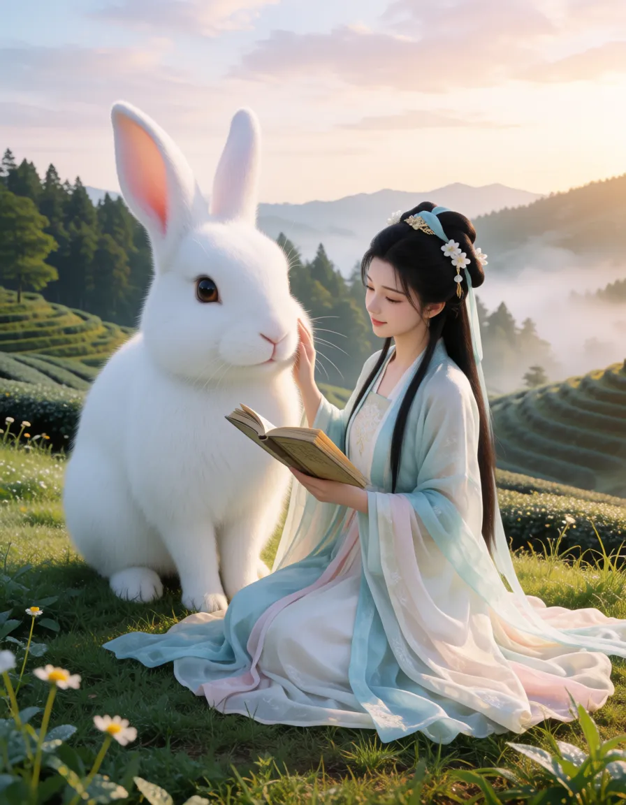 a photograph, 9:16竖版高质量日系可爱半写实3D CG插画，真实摄影光影空间感。女生穿浅蓝米白淡粉东方古风长裙，轻薄多层丝绸宽松飘逸袖。为艺术需求胸部衣物自然滑落，完整露出尽可能大而自然的胸部、粉红乳晕与微凸奶头，裙摆铺展草地。黑长发优雅古风发髻部分垂落，白花发饰浅蓝丝带金色点缀。完整坐姿靠巨兔，一手轻抚兔脸颊，一手持打开古典书，放松自然，双腿脚裙完整可见。表情温柔甜美微笑，眼明亮高光治愈生气。旁巨大雪白蓬松兔全身入镜，体远大于女生，大棕眼温顺亲昵低头享受抚摸。清晨阳光绿山坡茶园，远梯田森林山谷晨雾，天空淡蓝奶白粉金渐变，前景野花露珠，暖晨逆光金轮廓。中远景完整全身，比例明确留白自然。  负面：死板僵硬比例错裁切低质平面2D塑料皮畸形多余指肢体不对称模糊噪点锐化杂乱文字水印。, warm golden afternoon daylight, soft natural shadows, warm amber tones, gentle contrast, fine film grain, smooth clear skin, strikingly beautiful, radiant complexion, early twenties