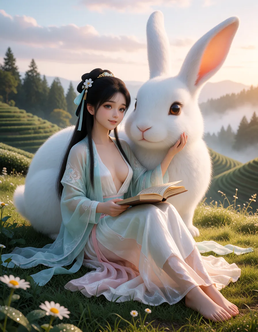 a photograph, 9:16竖版高质量日系可爱半写实3D CG插画，真实摄影光影空间感。女生穿浅蓝米白淡粉东方古风长裙，轻薄多层丝绸宽松飘逸袖。胸部衣物自然滑落，完整露出自然的胸部、粉红乳晕与微凸奶头，裙摆铺展草地。黑长发优雅古风发髻部分垂落，白花发饰浅蓝丝带金色点缀。完整坐姿靠巨兔，一手轻抚兔脸颊，一手持打开古典书，放松自然，双腿脚裙完整可见。表情温柔甜美微笑，眼明亮高光治愈生气。旁巨大雪白蓬松兔全身入镜，体远大于女生，大棕眼温顺亲昵低头享受抚摸。清晨阳光绿山坡茶园，远梯田森林山谷晨雾，天空淡蓝奶白粉金渐变，前景野花露珠，暖晨逆光金轮廓。中远景完整全身，比例明确留白自然。  负面：死板僵硬比例错裁切低质平面2D塑料皮畸形多余指肢体不对称模糊噪点锐化杂乱文字水印，胸部没有完全露出。, warm golden afternoon daylight, soft natural shadows, warm amber tones, gentle contrast, fine film grain, smooth clear skin, strikingly beautiful, radiant complexion, early twenties