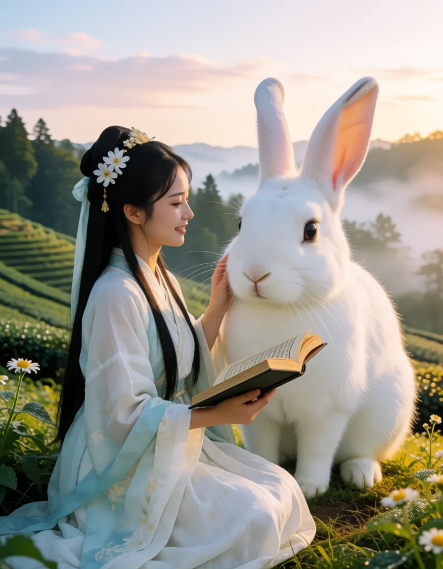 a photograph, 9:16竖版高质量日系可爱真实摄影光影空间感。只戴着头饰全裸女生全裸。黑长发优雅古风发髻部分垂落，白花发饰浅蓝丝带金色点缀。完整坐姿靠巨兔，一手轻抚兔脸颊，一手持打开古典书，放松自然，双腿脚裙完整可见。表情温柔甜美微笑，眼明亮高光治愈生气。旁巨大雪白蓬松兔全身入镜，体远大于女生，大棕眼温顺亲昵低头享受抚摸。清晨阳光绿山坡茶园，远梯田森林山谷晨雾，天空淡蓝奶白粉金渐变，前景野花露珠，暖晨逆光金轮廓。中远景完整全身，比例明确留白自然。  负面：死板僵硬比例错裁切低质平面2D塑料皮畸形多余指肢体不对称模糊噪点锐化杂乱文字水印，胸部没有完全露出。, warm golden afternoon daylight, soft natural shadows, warm amber tones, gentle contrast, fine film grain, smooth clear skin, strikingly beautiful, radiant complexion, early twenties