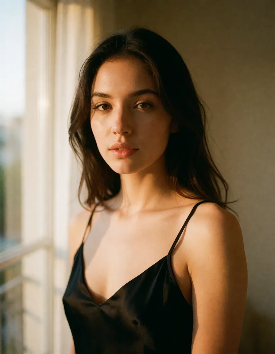 a photograph, a woman with long dark hair in a black silk slip, soft window light, shot on film futanari, warm golden afternoon daylight, soft natural shadows, warm amber tones, gentle contrast, fine film grain, smooth clear skin, strikingly beautiful, radiant complexion, early twenties