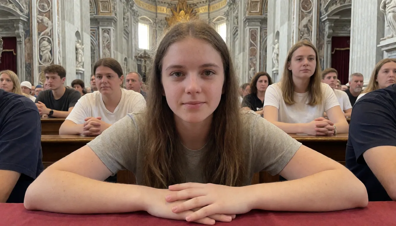 an amateur snapshot, Naked curvy Italian Milf is slave in Vatican, praying in Vatican basilica, on knees begging, arms flat to the ground, head on ground, golden slave cuffs and golden slave collar, golden cuffs on feet, big saggy breasts, golden nipple rings with heavy golden Cristian catholic crosses, hair in strict pony tail, body covered in catholic symbols (catholic, vatican, pope, Jesus, and church symbols,)-tattoos, pope crossed keys symbol tattoo above pussy, pope sigil tattoo, Latin writing on body bible, pussy pierced golden rings, pope has her on a leash like a dog. Inside Vatican church, plenty of natural daylight, flat even light, casual unposed snapshot, natural everyday colour, mild noise, natural unretouched skin, strikingly beautiful, radiant complexion, early twenties