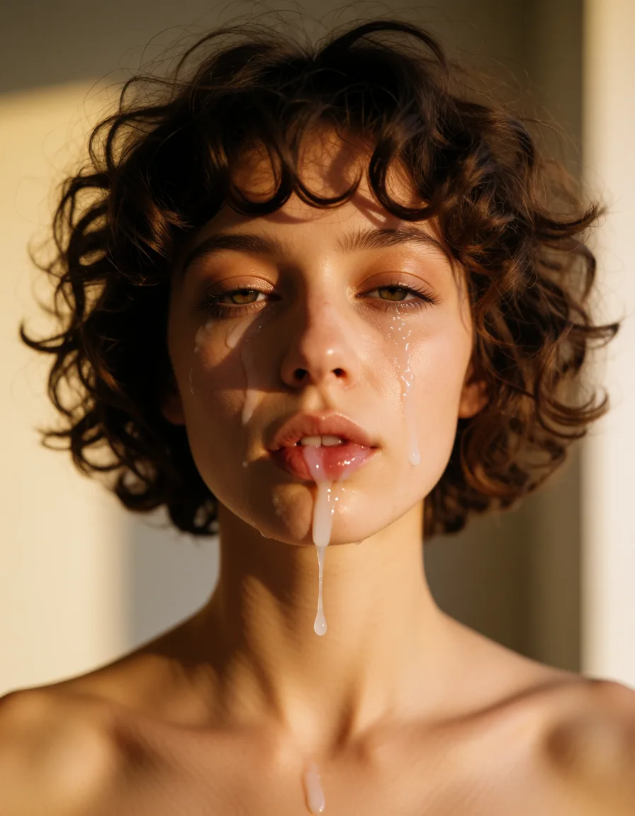 a photograph, a woman with curly short brown hair, deepthroat, saliva_trail , half-closed_eyes , runny makeup, warm golden afternoon daylight, soft natural shadows, warm amber tones, gentle contrast, fine film grain, smooth clear skin, strikingly beautiful, radiant complexion, early twenties