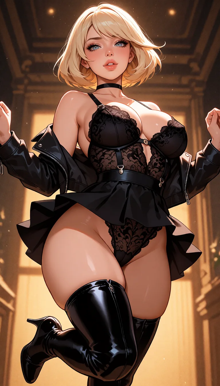 hentai anime art, dslr, film grain, photorealistic, curvy figure, curvy thights, bob_cut blonde, cinderells, black lace bodysuit, open jacket_on_shoulders, suspender_skirt. , lips, studio photo, thigh high boots, high_heels, from_below, dancing , v ,, clean lineart, smooth cel shading, glossy highlights, saturated warm colour, drawn illustration, strikingly beautiful, radiant complexion, early twenties