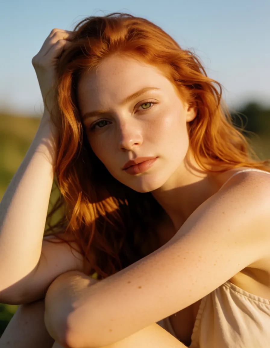 a photograph, cinematic photo, 8k, redhead woman, creampie, ass visible through thighs, relaxed mood, dslr quality, warm golden afternoon daylight, soft natural shadows, warm amber tones, gentle contrast, fine film grain, smooth clear skin, strikingly beautiful, radiant complexion, early twenties