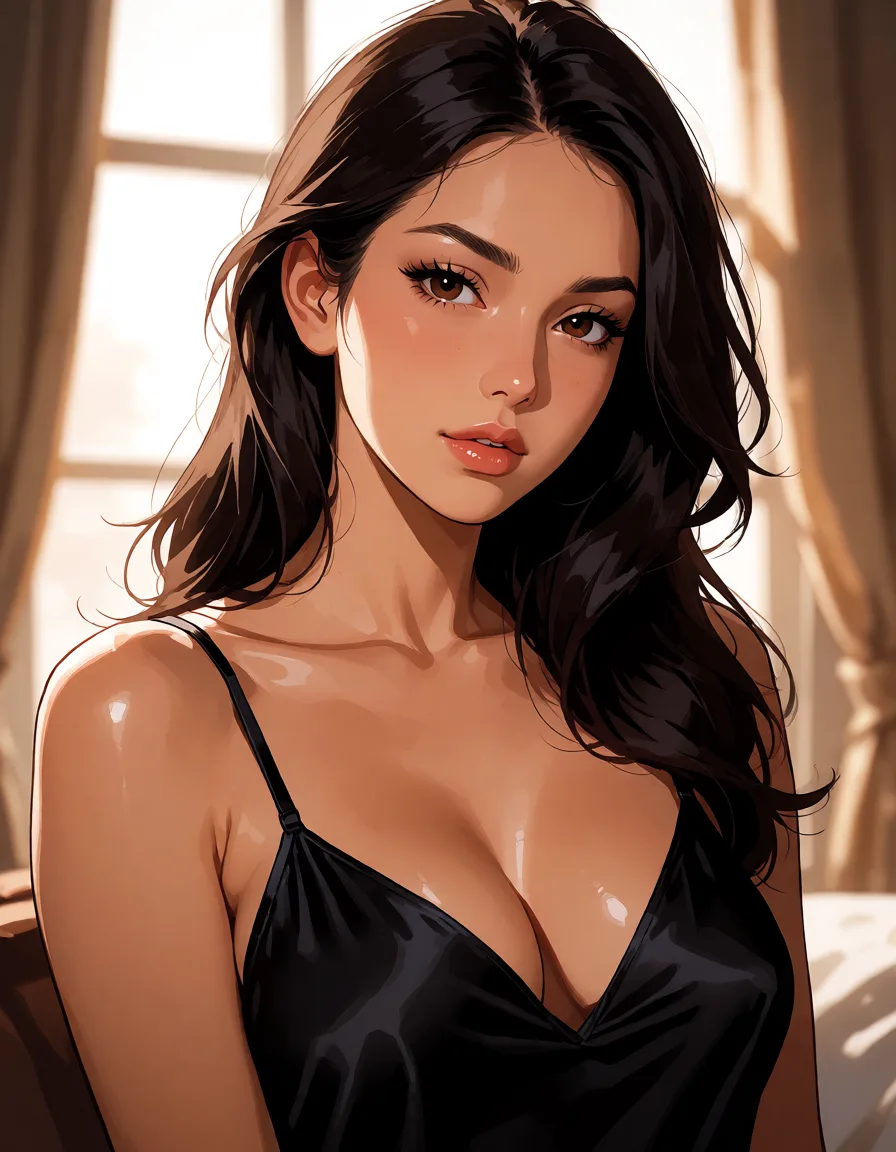 hentai anime art, a woman with long dark hair in a black silk slip, soft window light, shot on film, clean lineart, smooth cel shading, glossy highlights, saturated warm colour, drawn illustration, strikingly beautiful, radiant complexion, early twenties