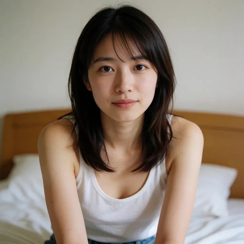 an amateur snapshot, Masterpiece, best quality, ultra-detailed, high resolution, high definition, 8K, DSLR, 80mm lens, Japanese woman, beautiful, well-defined facial features, attractive figure, sitting on the bed in a sexy pose, in the bedroom., plenty of natural daylight, flat even light, casual unposed snapshot, natural everyday colour, mild noise, natural unretouched skin, strikingly beautiful, radiant complexion, early twenties