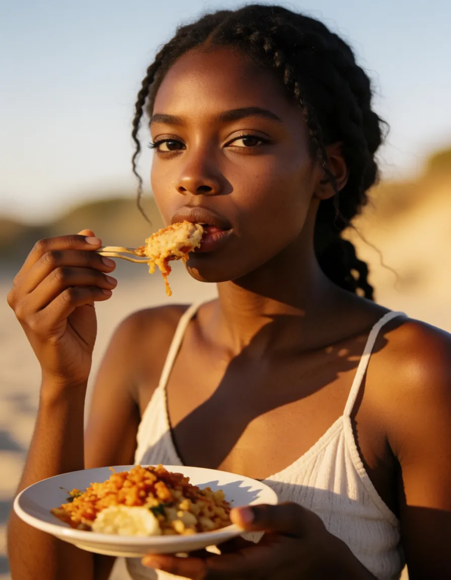 a photograph, ultra HD, lifelike, succubus, dark skin, food, bondage, lifelike render, warm golden afternoon daylight, soft natural shadows, warm amber tones, gentle contrast, fine film grain, smooth clear skin, strikingly beautiful, radiant complexion, early twenties