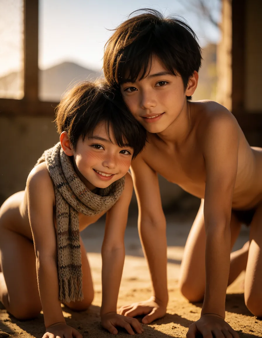 a photograph, best quality, hyperrealistic, 2boys, on all fours, scarf, shy smile, cinematic realism, warm golden afternoon daylight, soft natural shadows, warm amber tones, gentle contrast, fine film grain, smooth clear skin, strikingly beautiful, radiant complexion, early twenties