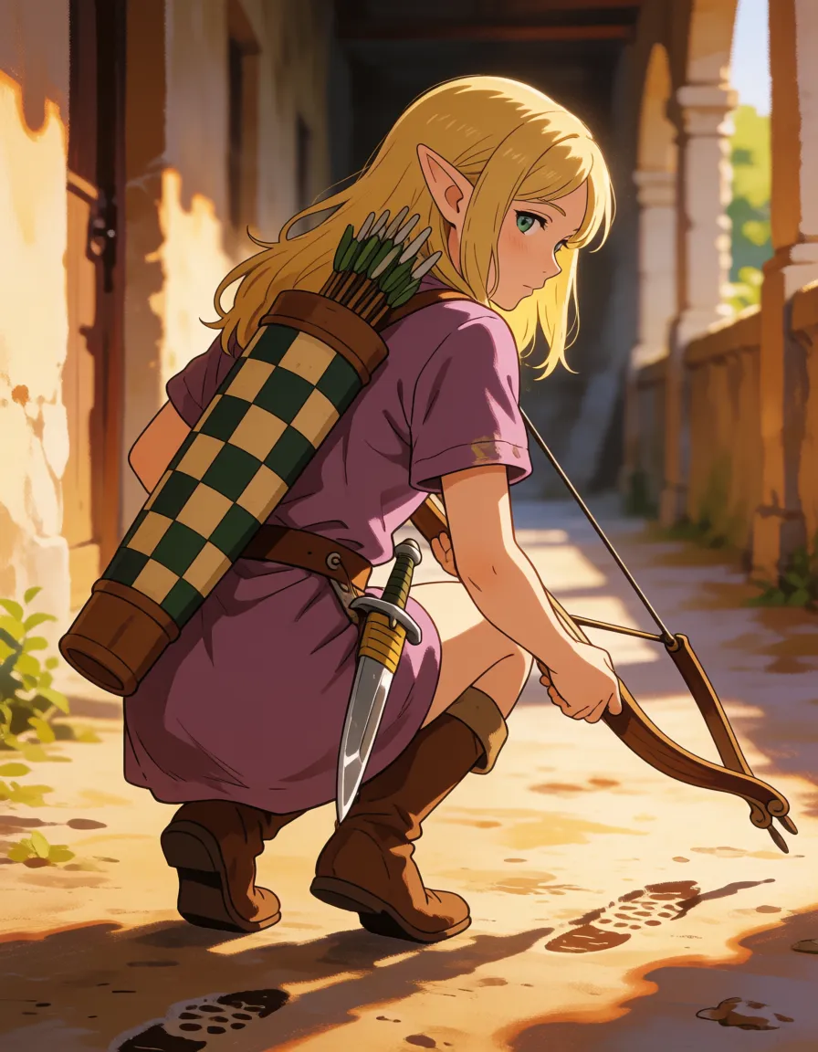 a photograph, Style manga. Une petite soeur elfe dans un couloir oscur. Elle a une tunique très courte de couleur mauve. Elel porte une dague à la ceinture et un carquois à carreaux d'arbalète. Une arbalète à la main. On la voit de dos. Elle est accroupie, jambes écartées pour toucher des empreintes de pas au sol. on voit complètement son anus. Elle regarde intensément les empreintes., warm golden afternoon daylight, soft natural shadows, warm amber tones, gentle contrast, fine film grain, smooth clear skin, strikingly beautiful, radiant complexion, early twenties