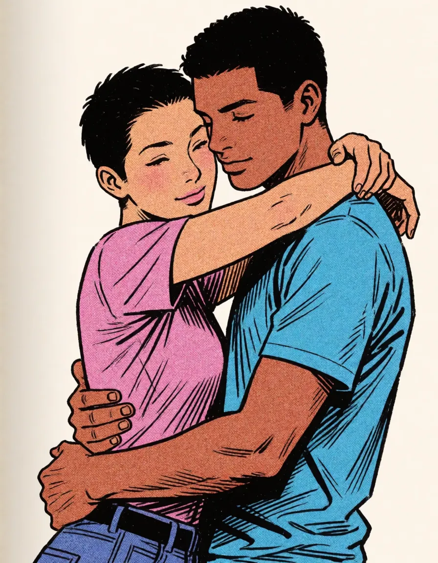 comic book art, Full length  manga panel of two people, Ruben(Man, age 29) and Stella(Woman, age 36) who are embracing each other without clothes  and kissing  each other lovingly. Stella is of Japanese ancestry and Ruben is of Tunisian Heritage. They both are the same height and both have short hair, bold black ink outlines, halftone dot shading, cross hatched shadows, flat four colour print palette, hard high contrast comic inking, printed comic page, strikingly beautiful, radiant complexion, early twenties