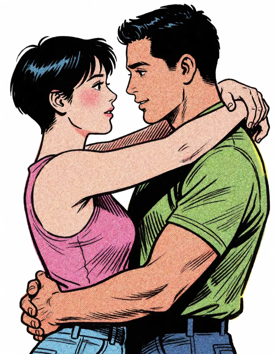 comic book art, Full length manga panel of two people, Ruben(Man, age 29) and Stella(Woman, age 36) who are embracing each other without clothes and kissing each other lovingly. Stella is of athletic Japanese ancestry and Ruben is skinny and of Tunisian Heritage. They both are the same height and both have short hair, bold black ink outlines, halftone dot shading, cross hatched shadows, flat four colour print palette, hard high contrast comic inking, printed comic page, strikingly beautiful, radiant complexion, early twenties