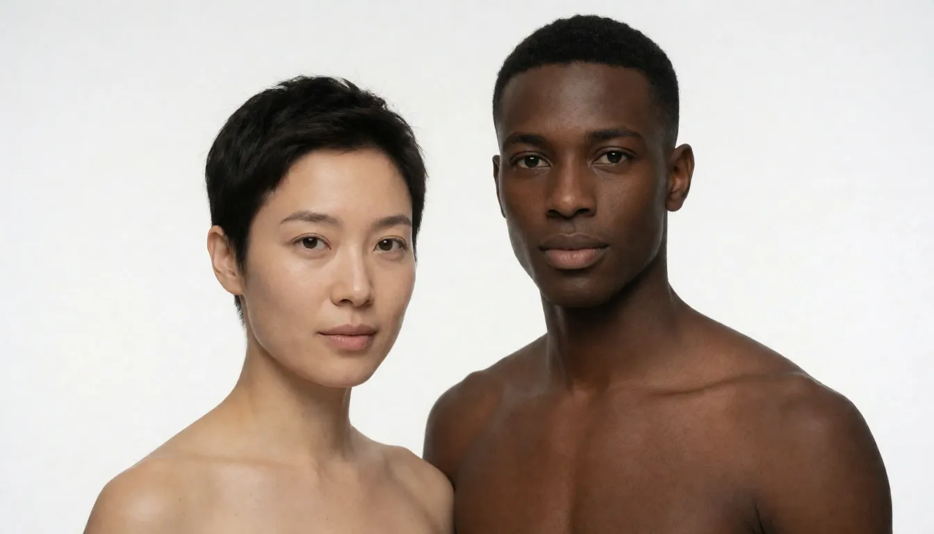 a studio photograph, Two people, Ruben(Man, age 29) and Stella(Woman, age 36). Stella has an athletic build of Japanese ancestry and Ruben is skinny and of Moroccan Heritage. They both are the same height and both have short hair

Ruben is giving Stella a sensual healing massage, both of them are nude, even shadowless studio light, plain white background, clean rich colour, flawless polished skin, strikingly beautiful, radiant complexion, early twenties