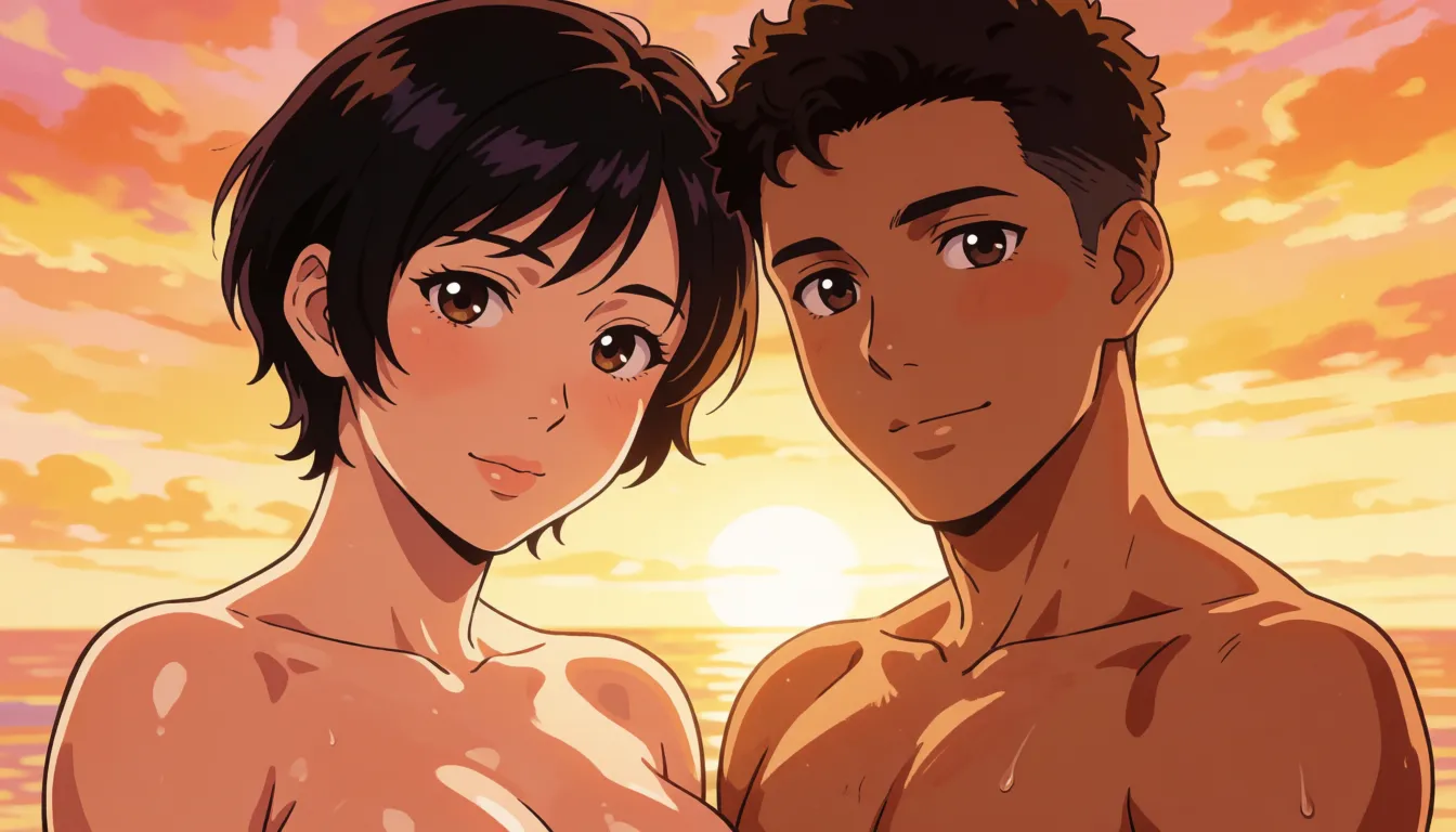 hentai anime art, Two people, Ruben(Man, age 29) and Stella(Woman, age 36). Stella has an athletic build of Japanese ancestry and Ruben is skinny and of Moroccan Heritage. They both are the same height and both have short hair

Ruben is giving Stella a sensual healing massage, both of them are nude, clean lineart, smooth cel shading, glossy highlights, saturated warm colour, drawn illustration, strikingly beautiful, radiant complexion, early twenties