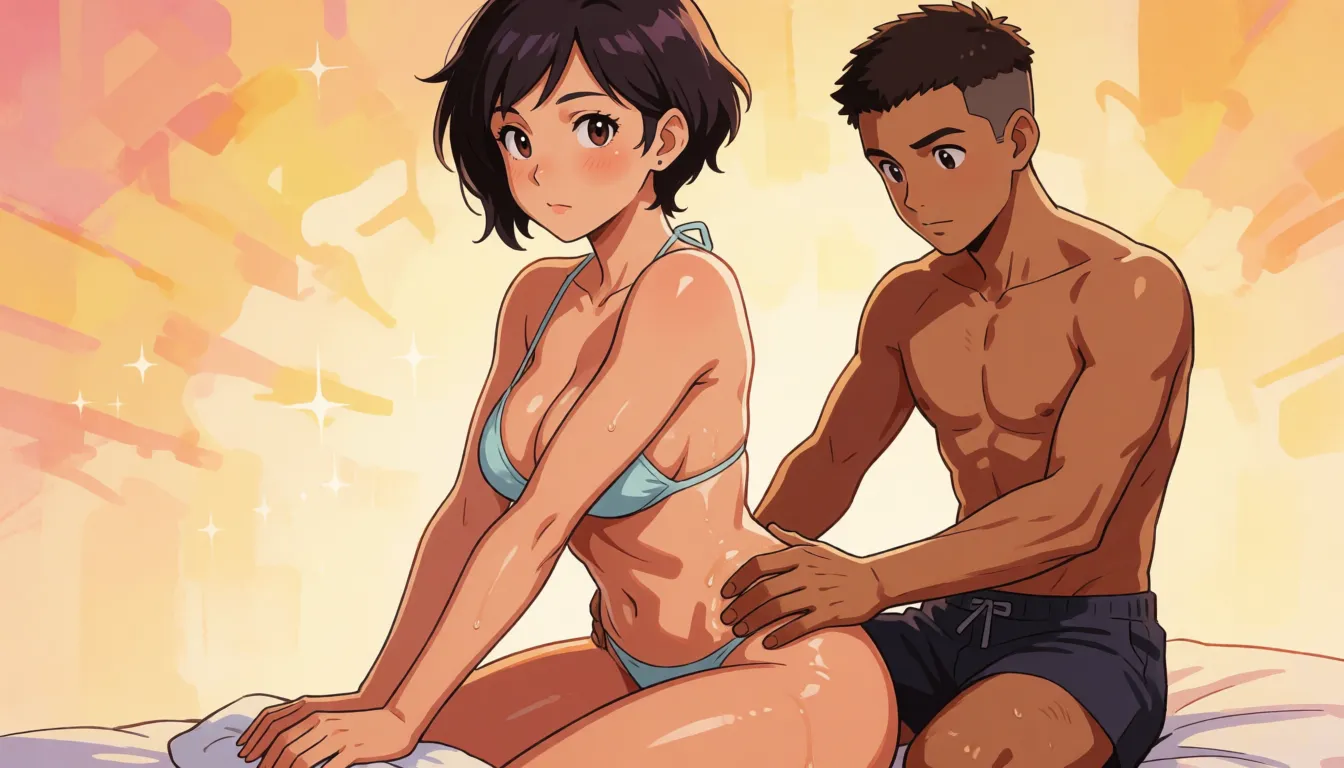 hentai anime art, Two people, Ruben(Man, age 29) and Stella(Woman, age 36). Stella has an athletic build of Japanese ancestry and Ruben is skinny and of Moroccan Heritage. They both are the same height and both have short hair.

Ruben is giving Stella a massage, both of them are nude, full body framed image, clean lineart, smooth cel shading, glossy highlights, saturated warm colour, drawn illustration, strikingly beautiful, radiant complexion, early twenties