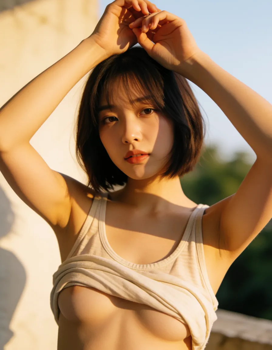 a photograph, Pov_hands, grope tits, beautiful korean woman, bob hair, tank top rolled over tits, big tits, moaning,, warm golden afternoon daylight, soft natural shadows, warm amber tones, gentle contrast, fine film grain, smooth clear skin, strikingly beautiful, radiant complexion, early twenties