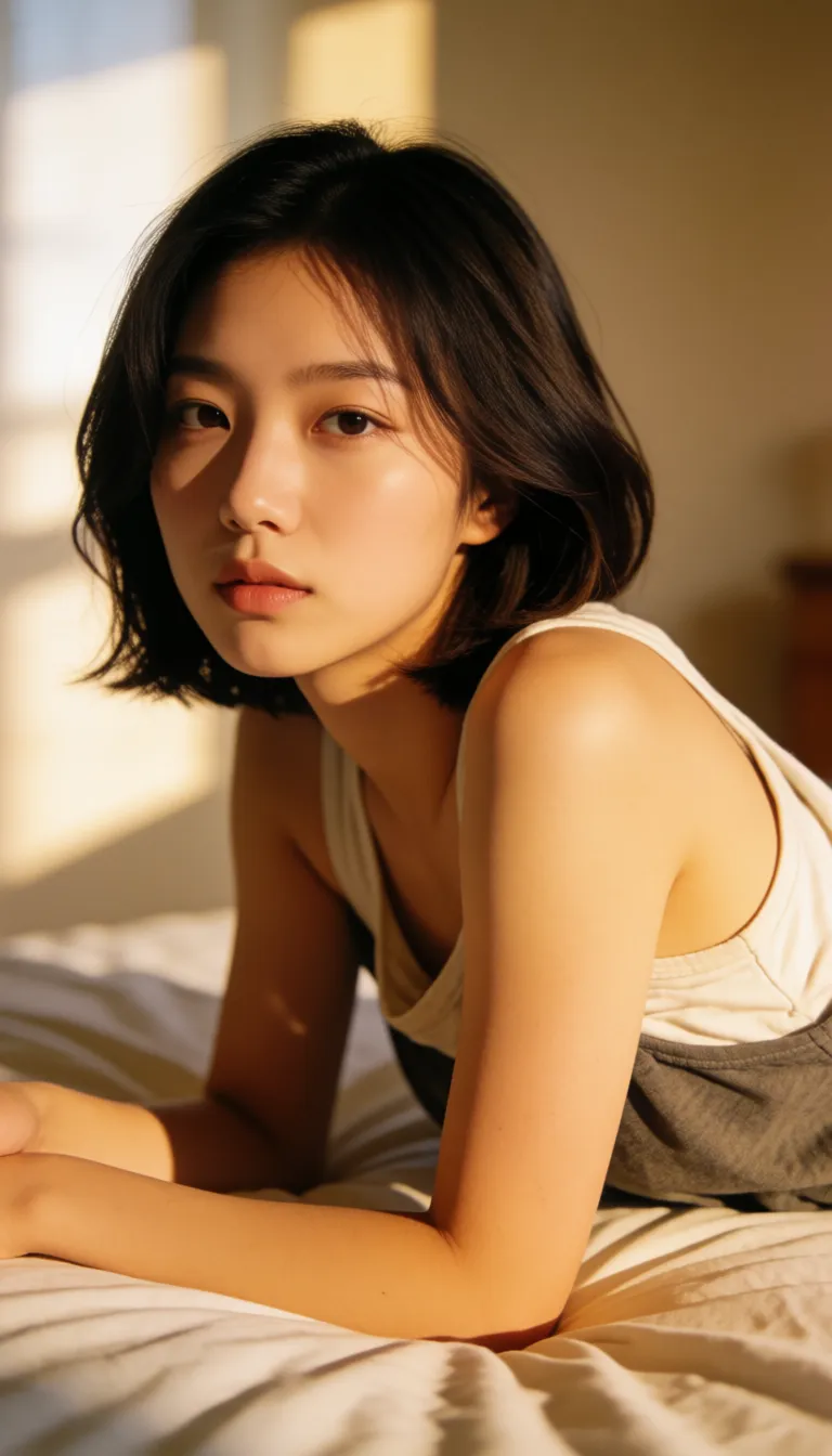 a photograph, beautiful korean woman, bob hair, tank top rolled over tits, big tits, lay down on bed, spread_legs, sex, pov, missionary, penis entered pussy,, warm golden afternoon daylight, soft natural shadows, warm amber tones, gentle contrast, fine film grain, smooth clear skin, strikingly beautiful, radiant complexion, early twenties