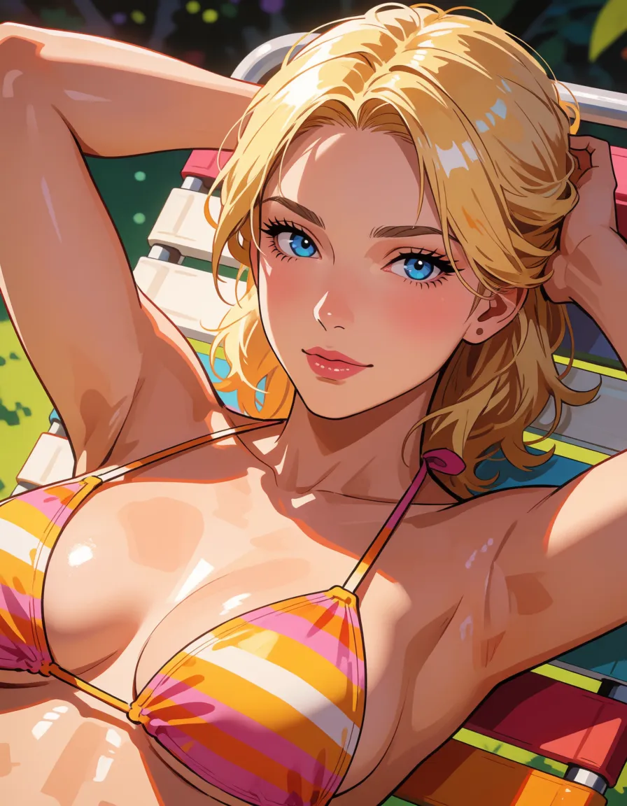 hentai anime art, Realistic, tanned skin, slim, skinny, athletic, sweaty, blonde hair, blue eyes, naked, lying on a sun lounger, backyard,, clean lineart, smooth cel shading, glossy highlights, saturated warm colour, drawn illustration, strikingly beautiful, radiant complexion, early twenties