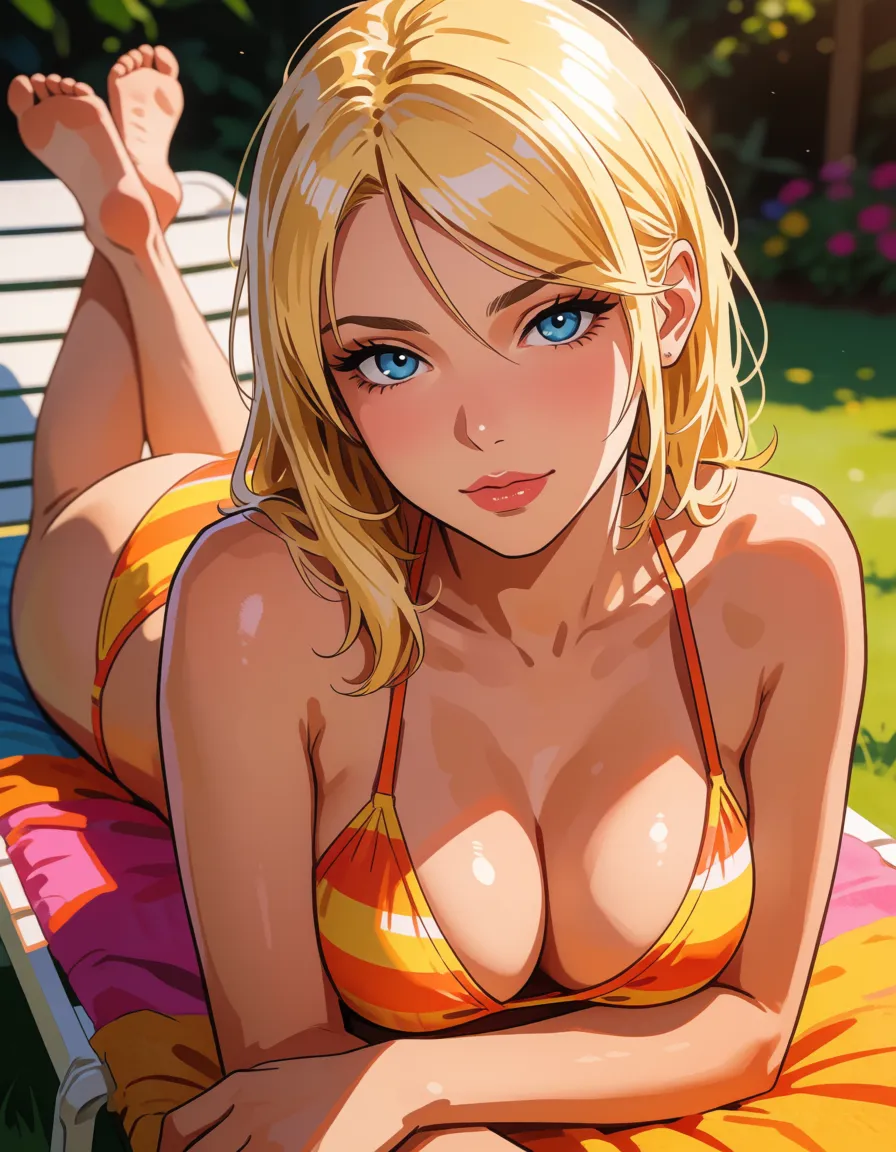 hentai anime art, Realistic, tanned skin, slim, skinny, athletic, sweaty, blonde hair, blue eyes, completely naked, pussy juice, lying on a sun lounger, backyard,, clean lineart, smooth cel shading, glossy highlights, saturated warm colour, drawn illustration, strikingly beautiful, radiant complexion, early twenties
