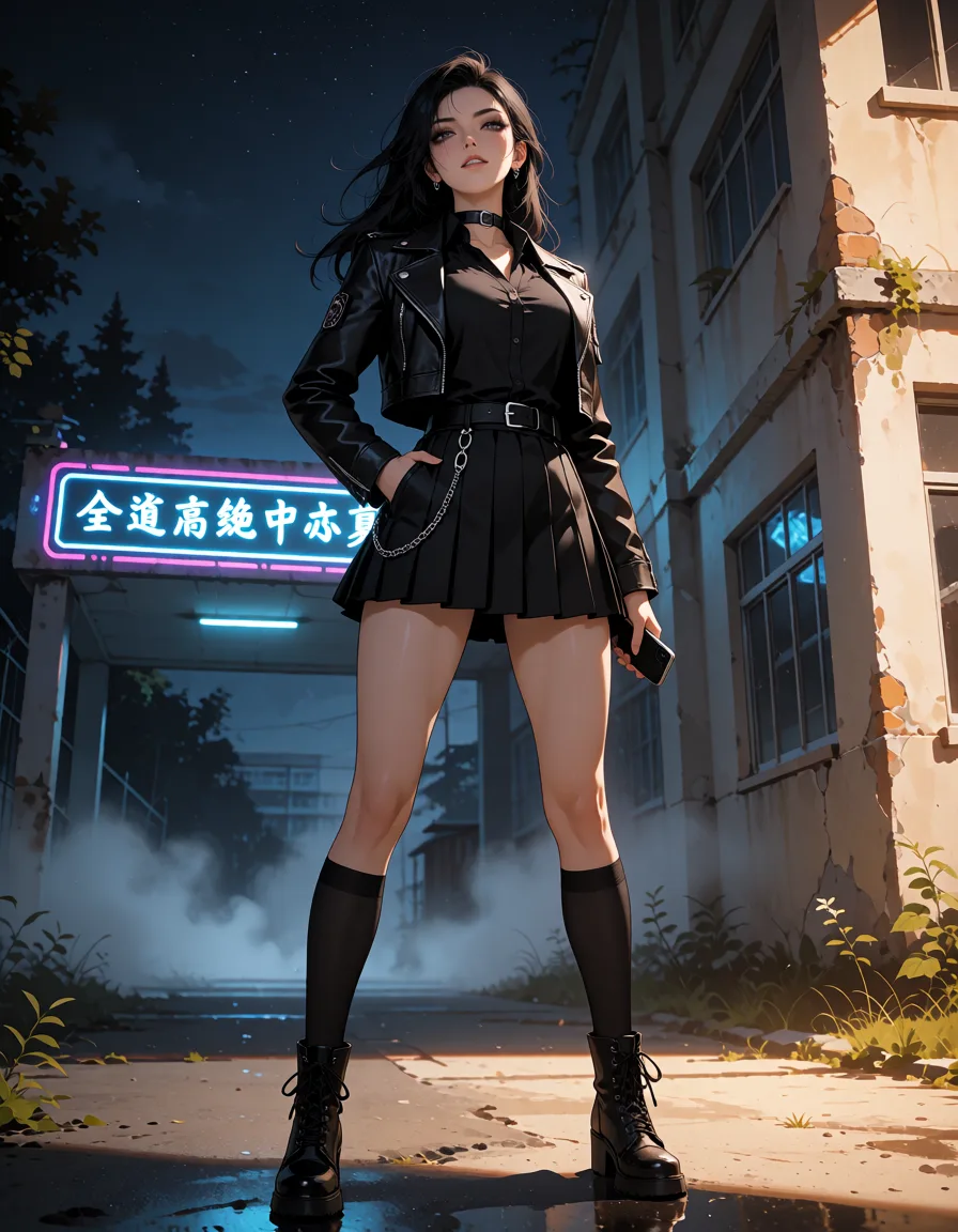 a photograph, 全身像，冷艳绝美的黑道少女轩亦夏，成年女性外观，黑色长发微乱，眼神高傲凌厉，嘴角带着不屑冷笑。身穿黑色系不良少女穿搭：黑色短款皮夹克，内搭黑色修身衬衫，黑色百褶短裙，黑色丝袜，黑色短靴，腰间挂金属链条，戴黑色颈圈与银色耳钉。站姿强势，单手插兜，另一只手轻握手机，微微仰头，气场压迫。背景为夜晚的南蜀高级中学校门口或废弃教学楼走廊，冷色霓虹灯，薄雾，地面反光。低角度全身构图，突出修长身形与女王气质。动漫二次元风格，精细光影，高对比，电影感，冷色调，高质量，杰作，细节丰富，全身完整入镜。, warm golden afternoon daylight, soft natural shadows, warm amber tones, gentle contrast, fine film grain, smooth clear skin, strikingly beautiful, radiant complexion, early twenties
