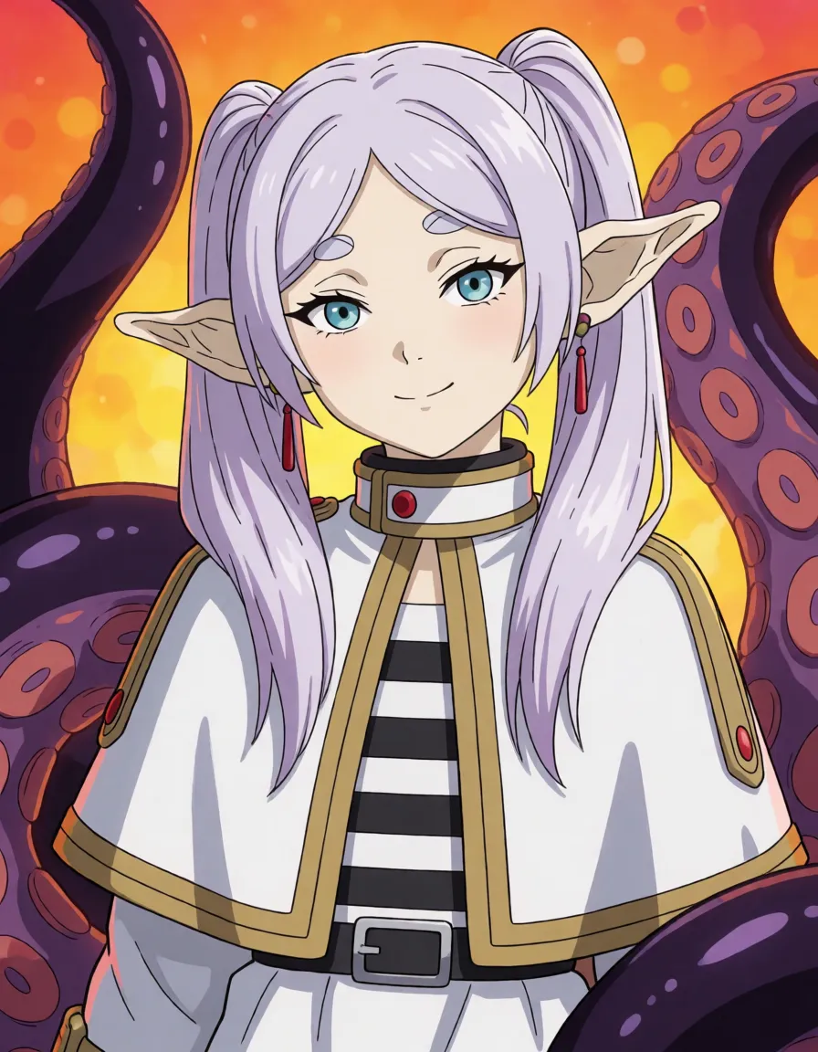hentai anime art, Frieren tentacles suspended with her legs apart, the tentacles crawl into anal and vagina exiting through her mouth her body breasts legs feet in cum face in cum foot_focus, clean lineart, smooth cel shading, glossy highlights, saturated warm colour, drawn illustration, strikingly beautiful, radiant complexion, early twenties
