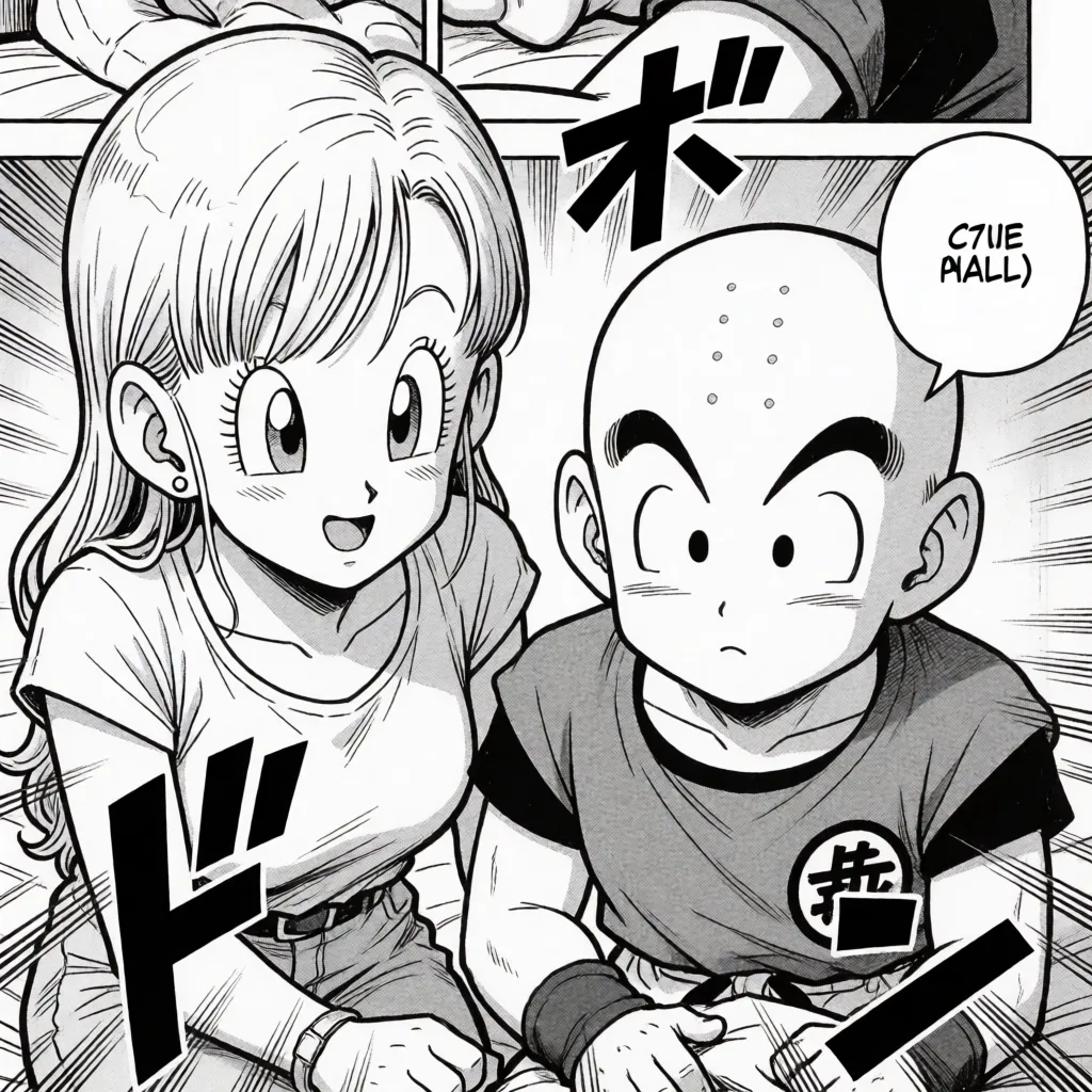 comic book art, ((masterpiece, best quality, ultra-detailed, Dragon Ball, official art, fine lines, delicate linework, Bulma and Krillin)), full color, manga-style paneling, he is aroused and fucking her, she is gasping intensely and reaching the peak of pleasure, in the bedroom, motion lines, speed lines, Japanese sound effects, Japanese text speech bubbles, bold black ink outlines, halftone dot shading, cross hatched shadows, flat four colour print palette, hard high contrast comic inking, printed comic page, strikingly beautiful, radiant complexion, early twenties
