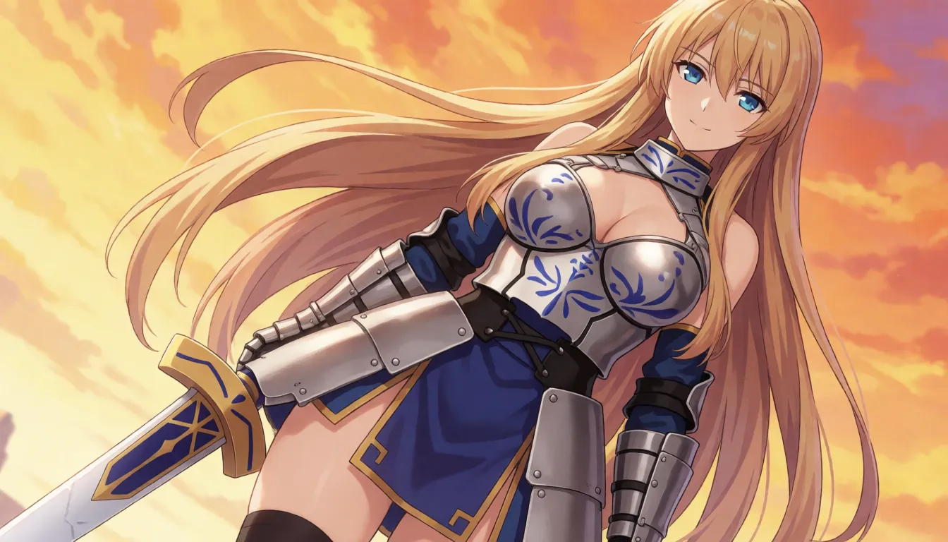 hentai anime art, a woman with a very huge_breasts and very long_hair. she is wearing a very small armor bra and a very short armor dress. under her dress her blue panties.. she has blue eyes. she is wearing a huge sword., clean lineart, smooth cel shading, glossy highlights, saturated warm colour, drawn illustration, strikingly beautiful, radiant complexion, early twenties